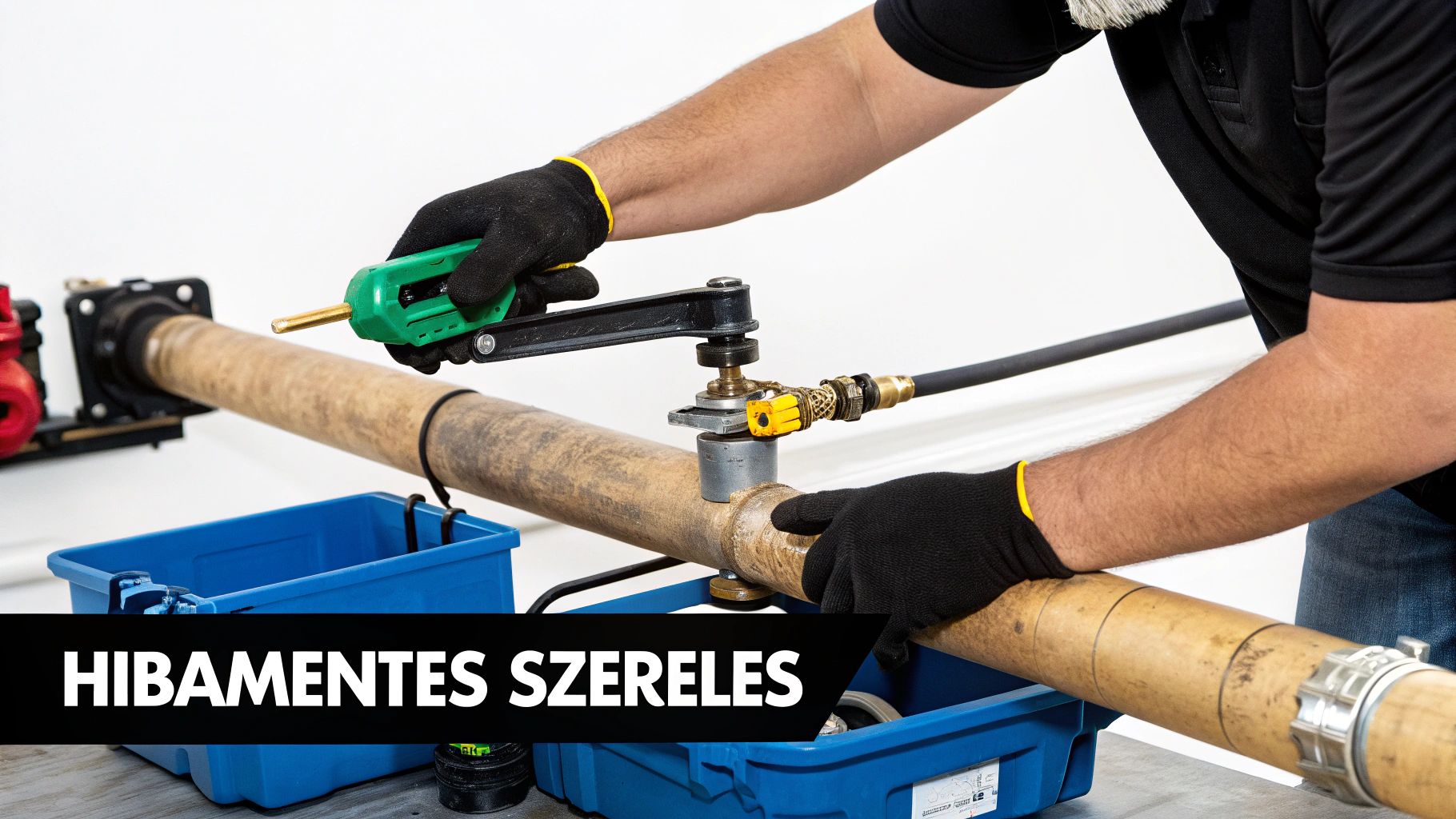 Szakember hibamentes szerelést végez ötrétegű csövön fekete kesztyűben, zöld szerszámmal dolgozva