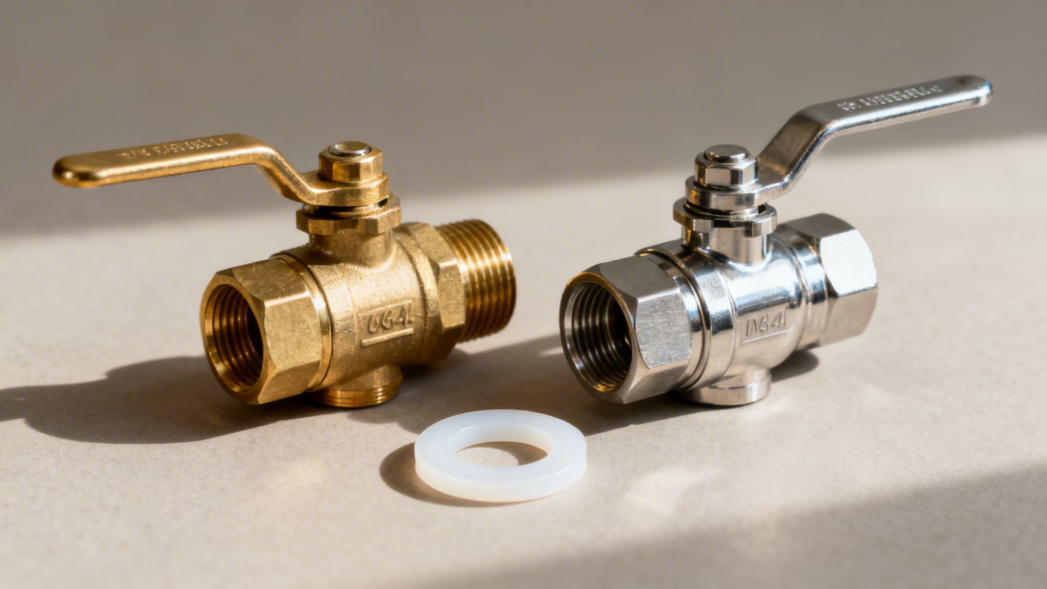 Két különböző színű, fém golyóscsap látható, egy sárgaréz és egy ezüst, egy fehér tömítőgyűrűvel egy világos felületen.