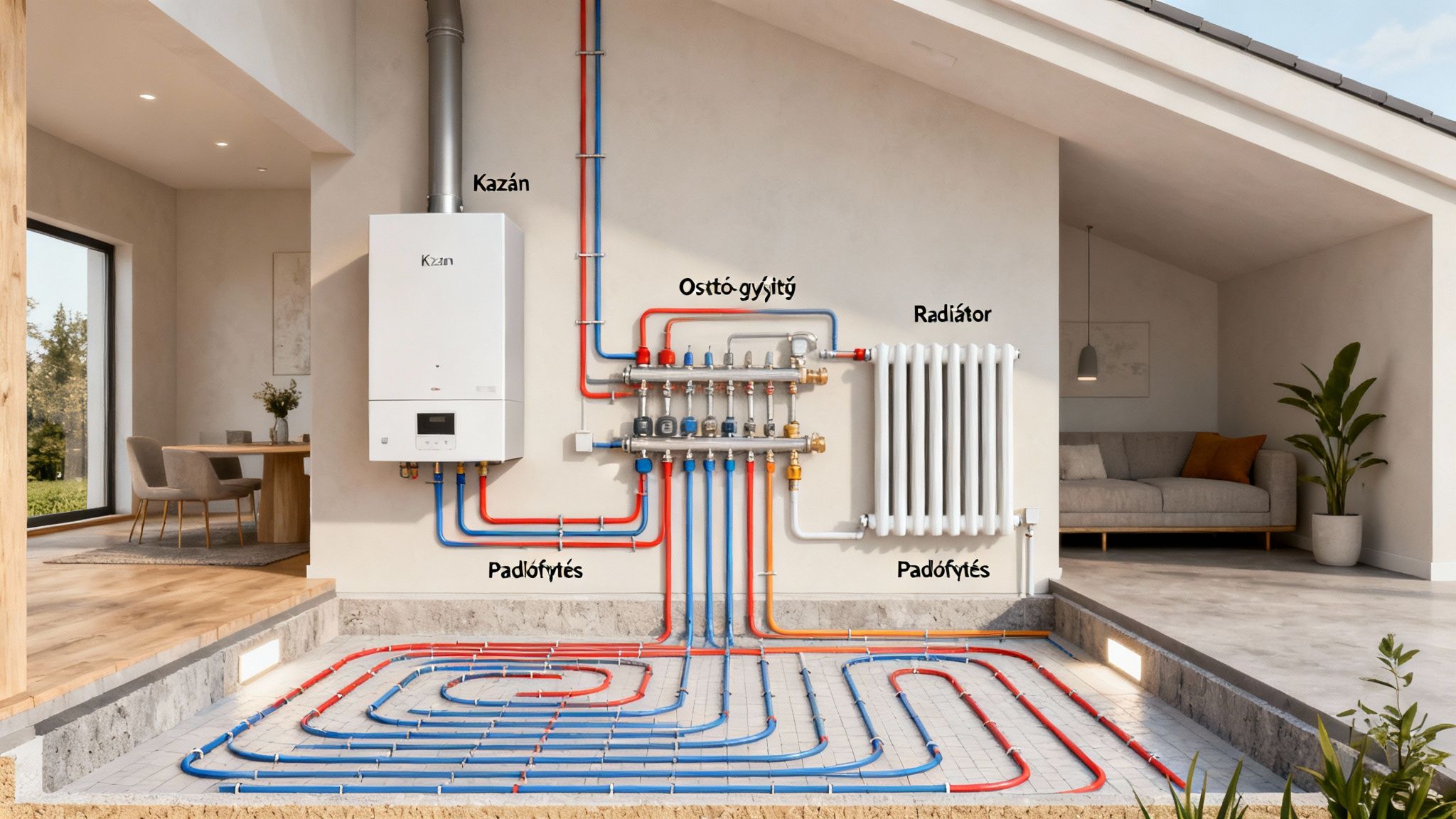 Központi fűtési rendszer metszeti ábrázolása kazánnal, osztó-gyűjtővel, radiátorral és padlófűtéssel egy modern házban.