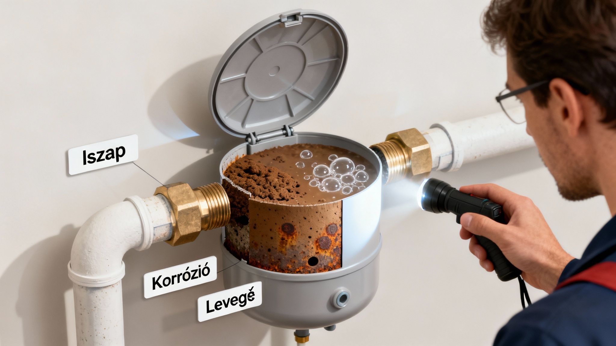 Egy férfi zseblámpával vizsgál egy nyitott vízmérőt, amelyben iszap, korrózió és levegő látható.