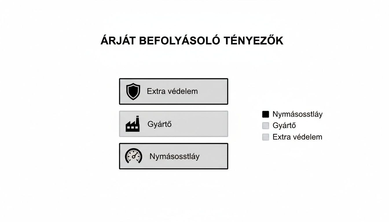 Az árát befolyásoló tényezőket bemutató infografika ikonokkal: Extra védelem, Gyártó, Nyomásosztály, és jelmagyarázat.