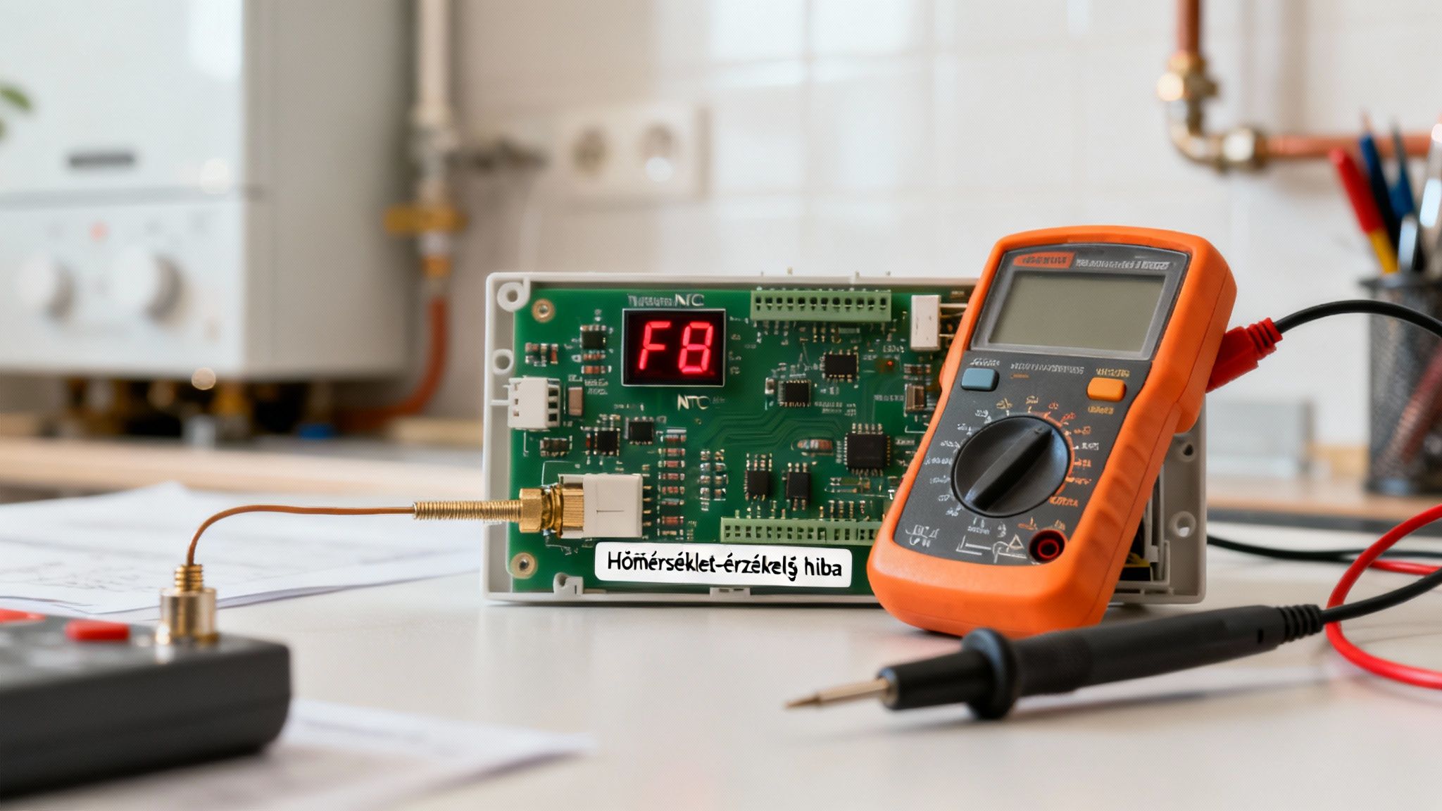Egy kazánvezérlő áramkör F8 hibakódot mutat, ami hőmérséklet-érzékelő hibát jelez, mellette egy multiméter.