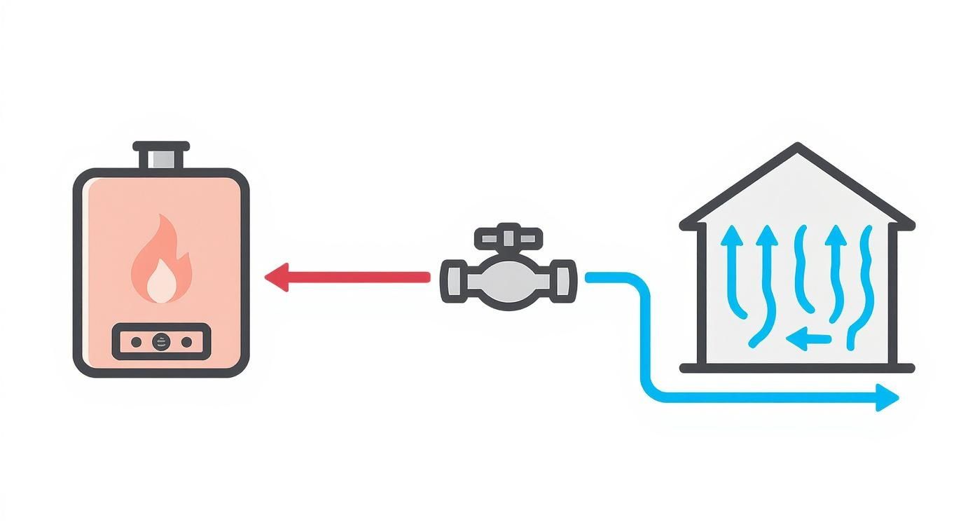 Gázkazán és keverőszelep sematikus ábrája a fűtési rendszer működésének bemutatásával