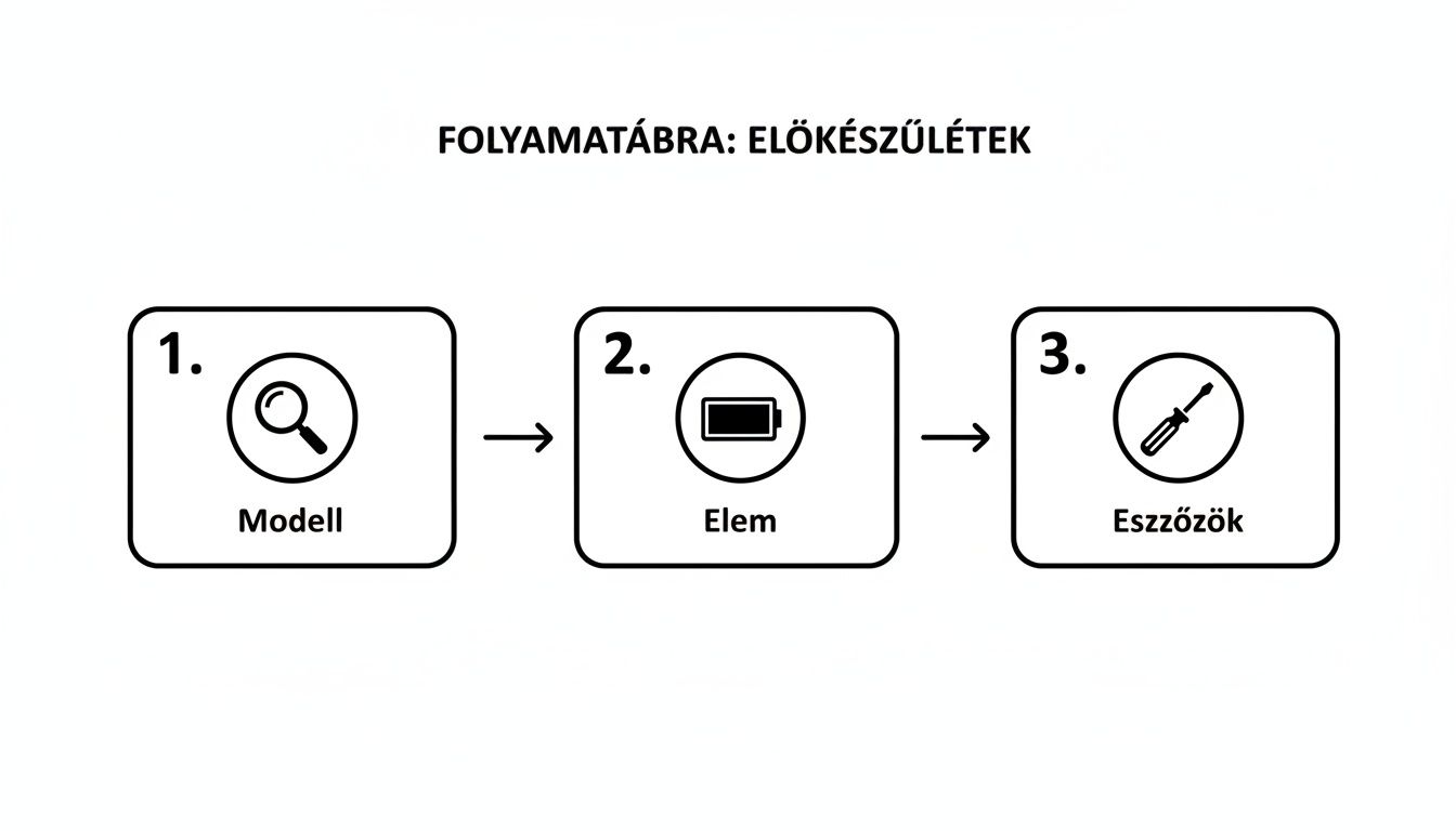 Folyómatábra, amely három lépésben mutatja be az előkészületeket: modell, elem és eszközök.