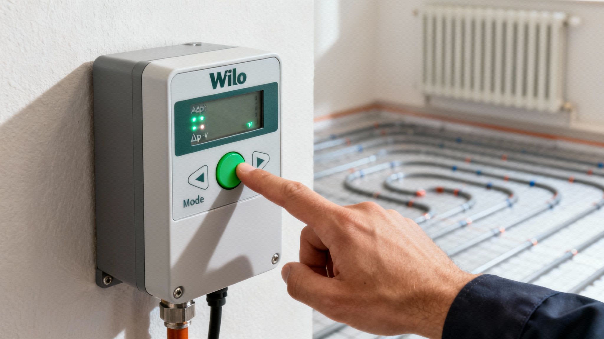 Kéz állítja be a Wilo keringető szivattyút, háttérben padlófűtés rendszer látható.