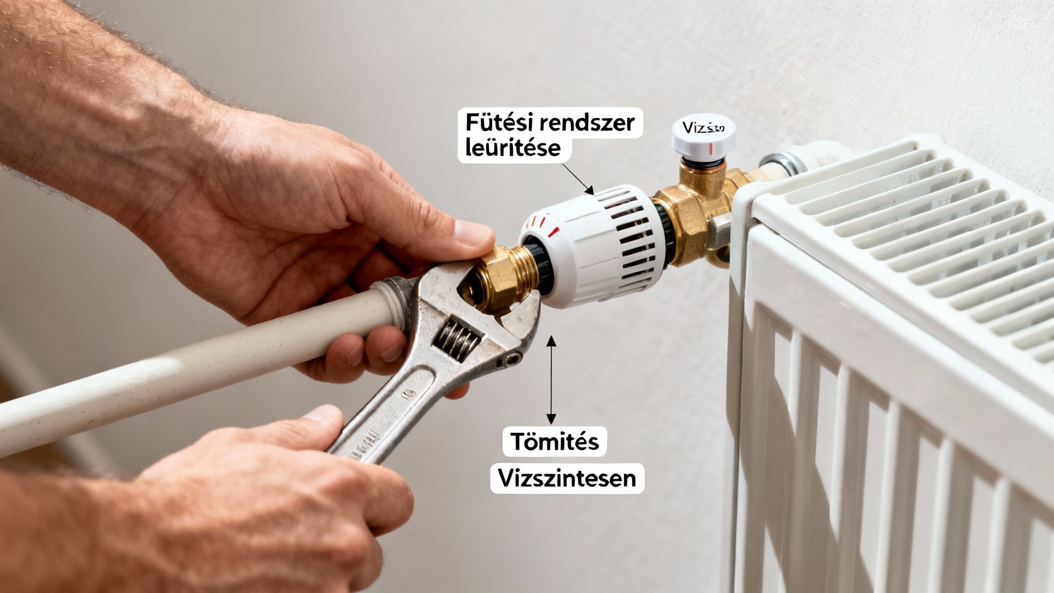Férfi szerelő radiátorszelephez csatlakoztat csövet állítható villáskulccsal, a fűtési rendszer leürítéséhez.