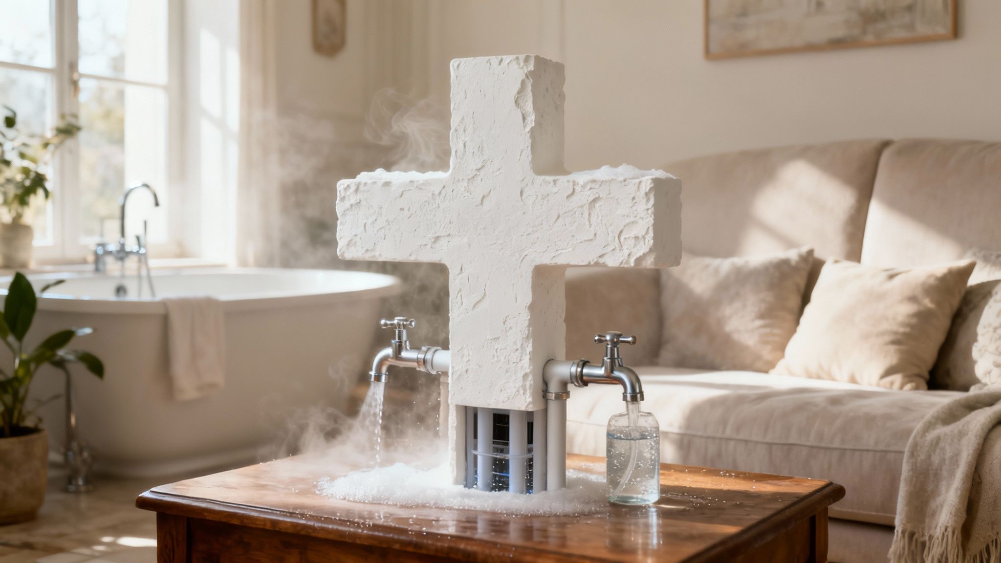 Különleges, kereszt alakú párologtató és vízadagoló egy asztalon, otthonos, világos környezetben.