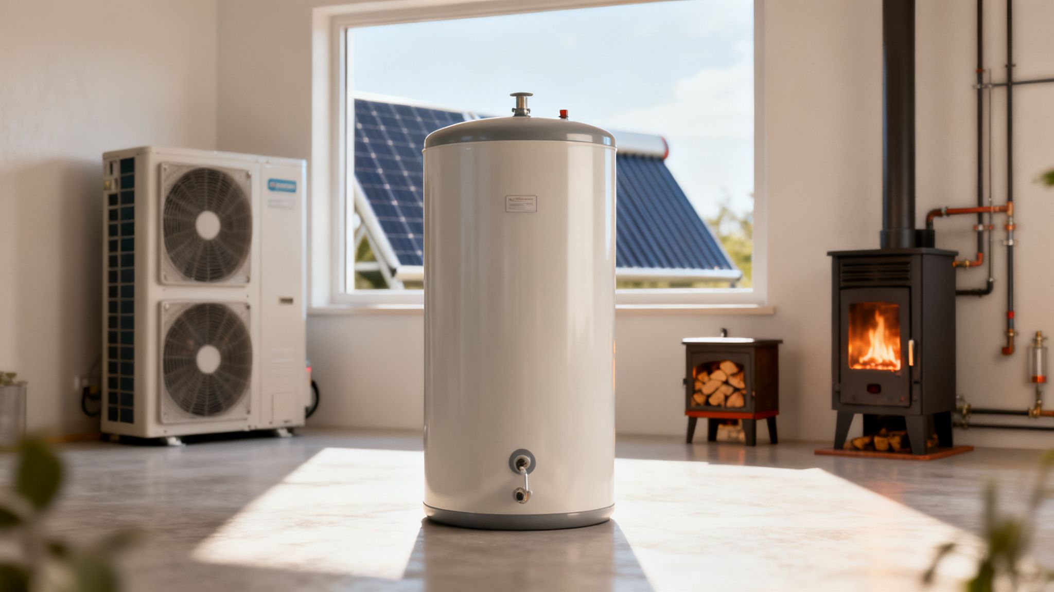Modern otthon fűtési megoldásai: hőszivattyú, puffertartály, tetőn lévő napkollektorok és égő fatüzelésű kályha.