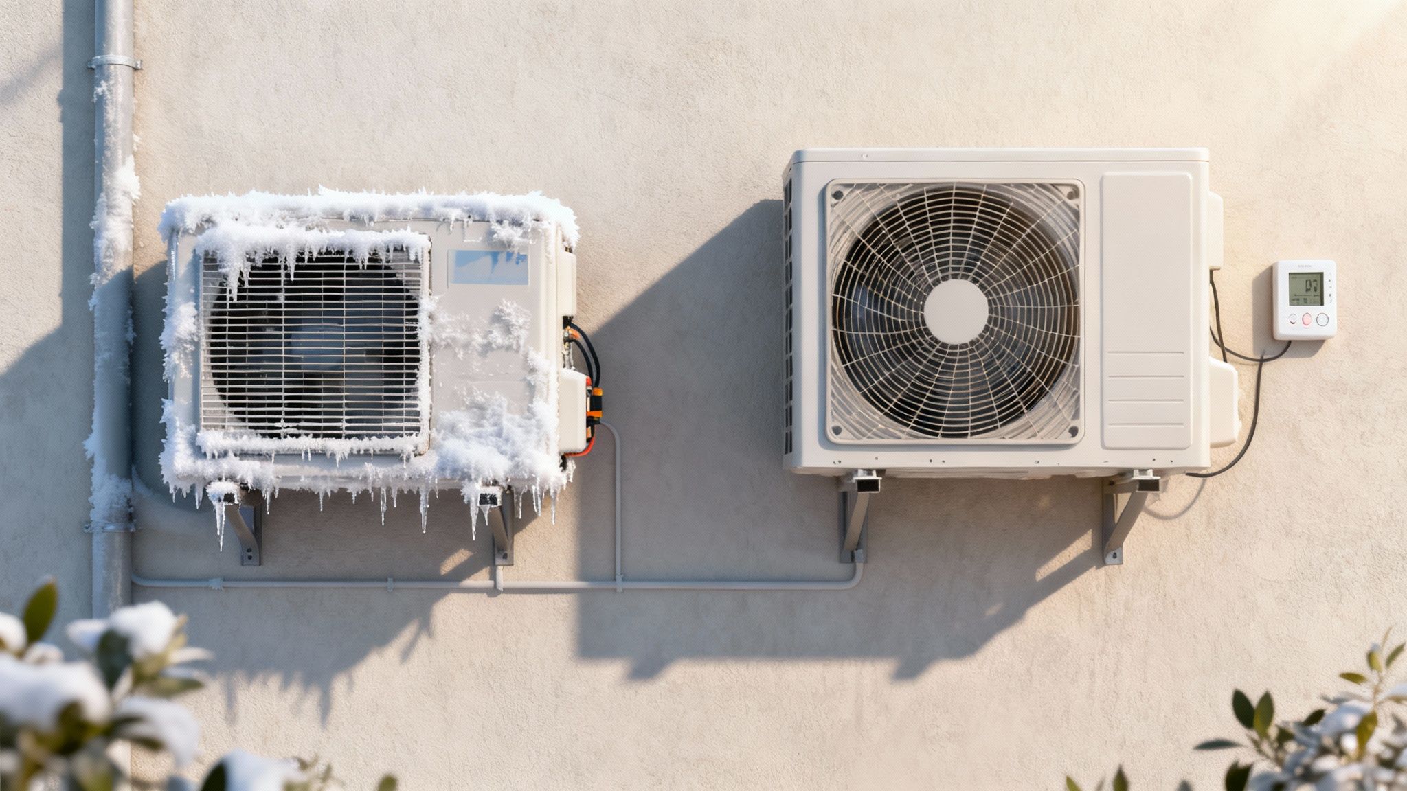 Két hőszivattyú kültéri egység falra szerelve, az egyik hóval és jégcsapokkal borítva, hideg téli időt jelez.