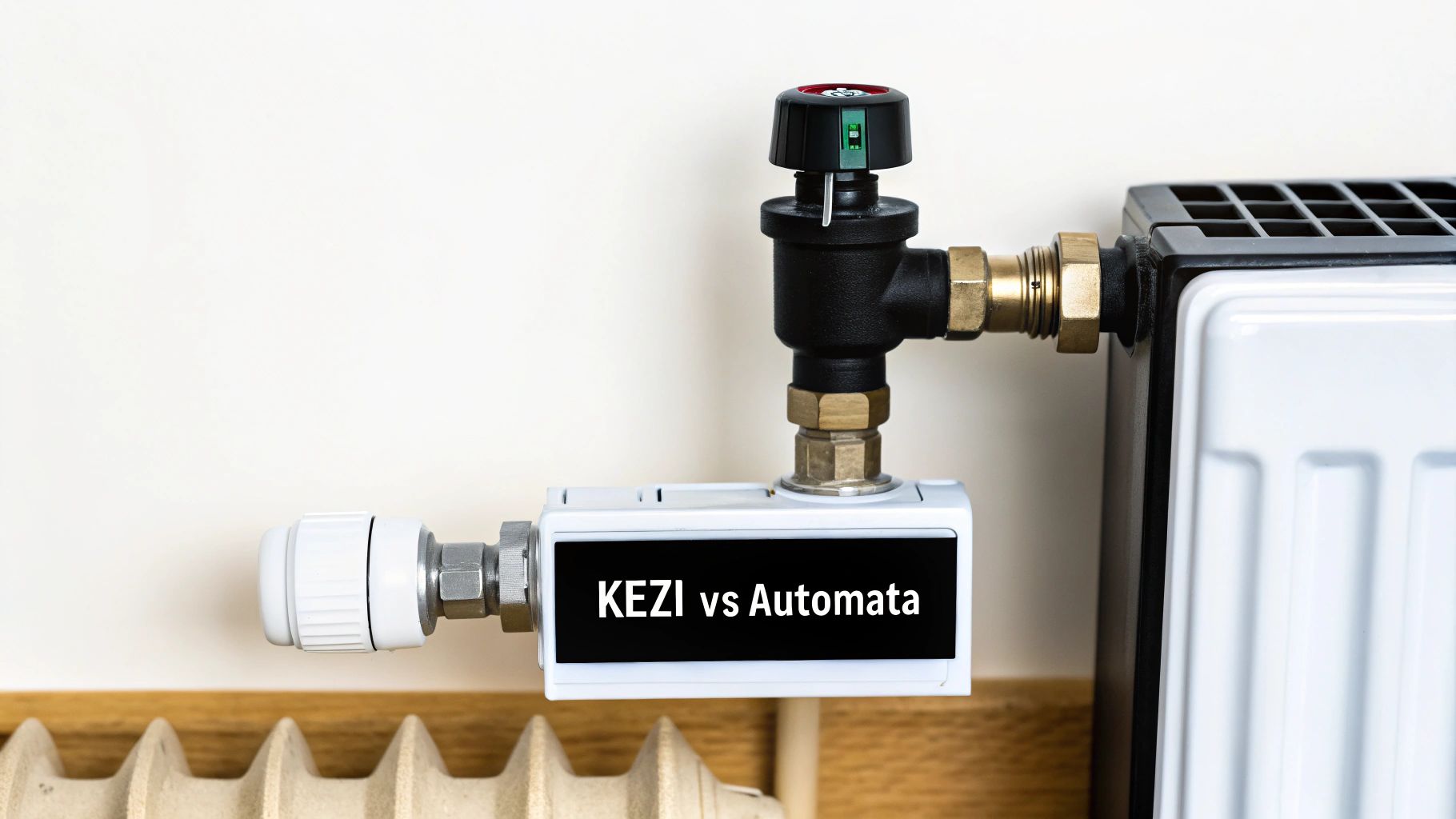 Radiátor szelep összehasonlítás KEZI vs Automata felirattal, fűtőtestre szerelt szabályozó szelep