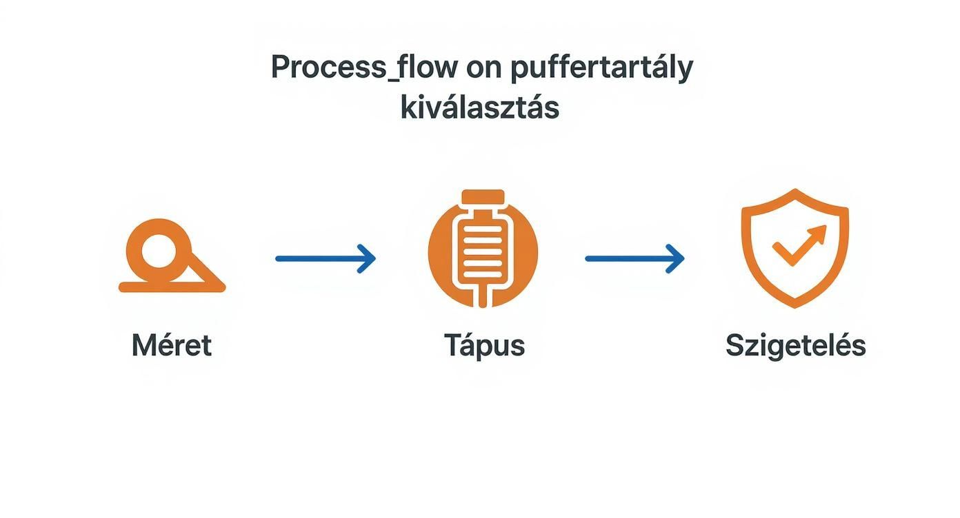 Infografika egy 1000 l puffertartály kiválasztási folyamatáról, bemutatva a méret, típus és szigetelés lépéseit.