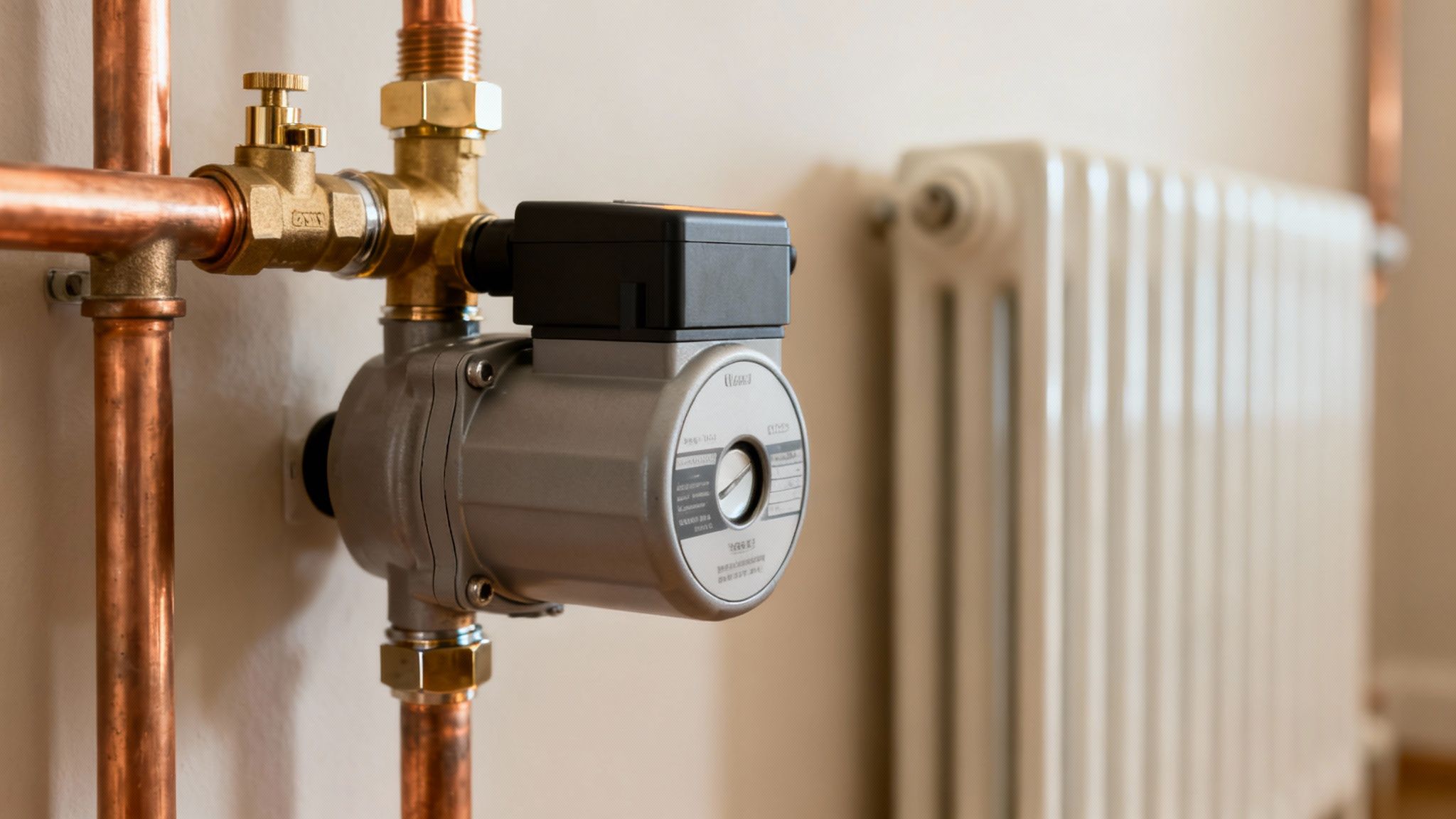 Rézcsövek, sárgaréz szerelvények és egy keringető szivattyú modern fűtési rendszerben látható.