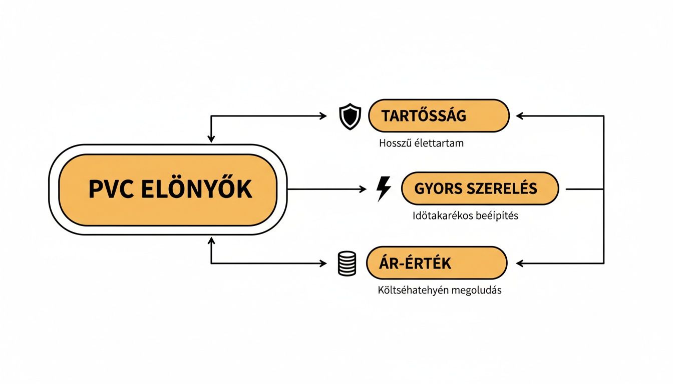 Séma a PVC előnyeiről, kiemelve a tartósságot, gyors szerelést és kiváló ár-érték arányt.