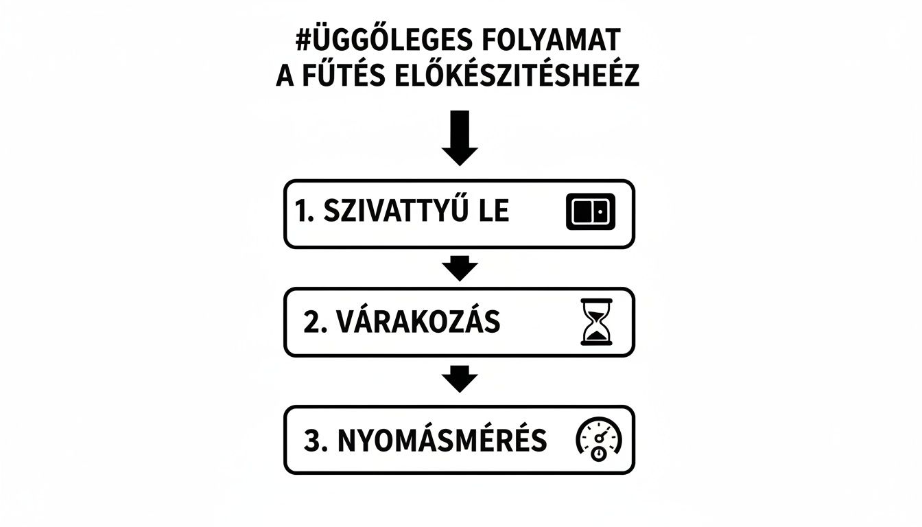 A fűtési rendszer előkészítésének függőleges folyamatábrája: szivattyúzás, várakozás, nyomásmérés ikonokkal.