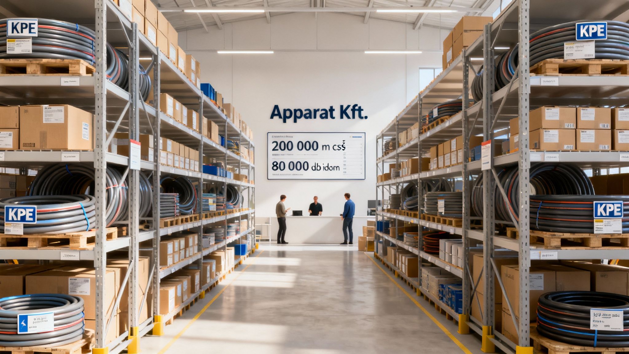 Nagy raktár KPE csövekkel és dobozokkal teli polcokkal, középen pultnál álló emberekkel, Apparat Kft. felirattal.