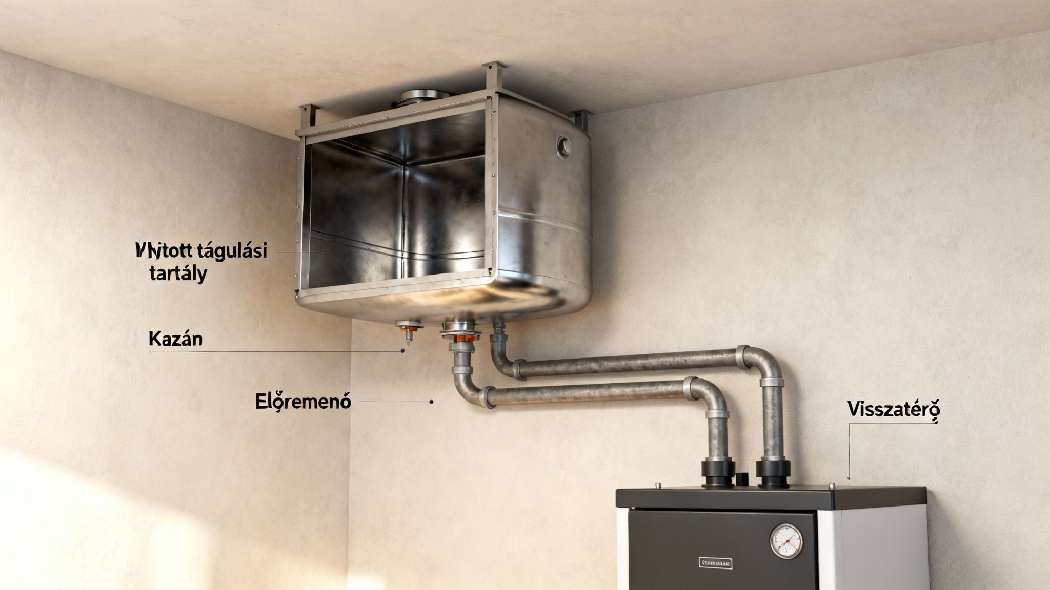 Egy fűtési rendszer nyitott tágulási tartályának és kazánjának csatlakoztatása, jelölve az előremenő és visszatérő csöveket.