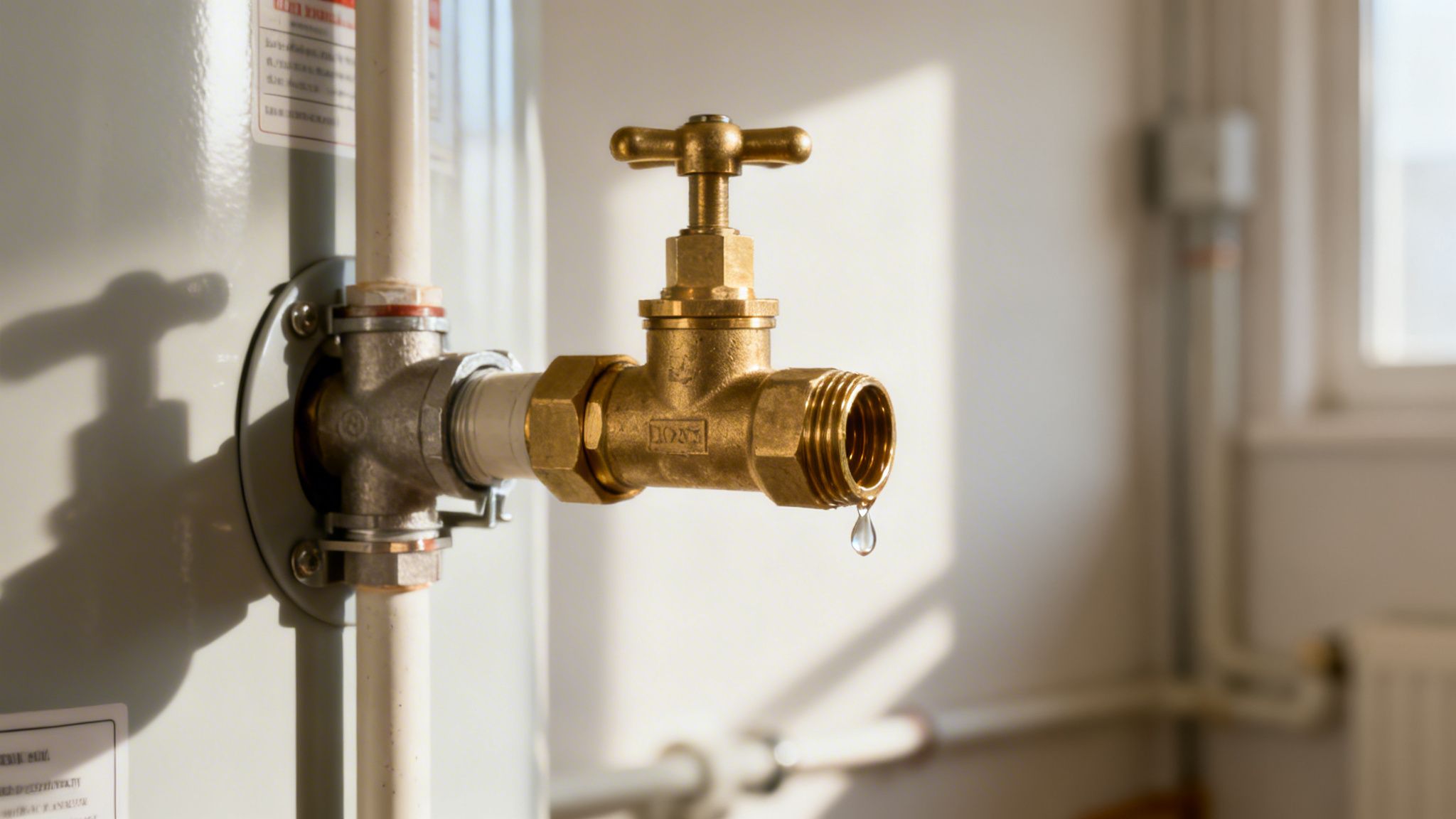 Egy sárgaréz szelep, amelyről vízcsepp hullik, egy bojlerhez csatlakoztatva, a szivárgás problémáját jelképezi.