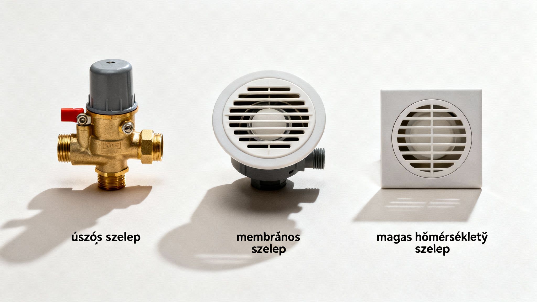 Három különböző típusú szelep: úszós, membrános és magas hőmérsékletű szelep látható fehér háttér előtt.