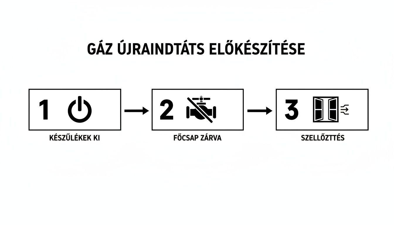 Lépésről lépésre útmutató a gáz újraindításához: készülék kikapcsolása, főcsap elzárása és szellőztetés.