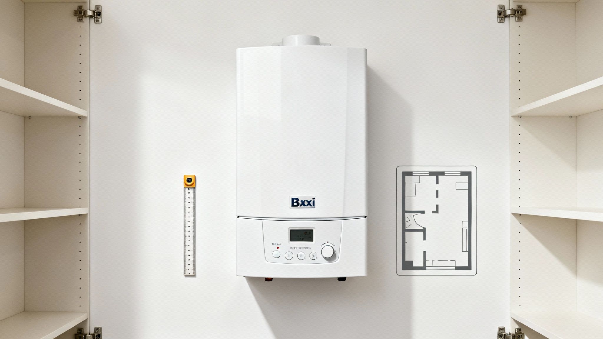 Fehér Baxi kondenzációs kazán fehér falon, nyitott szekrényajtók között, mérőszalaggal és alaprajzzal.