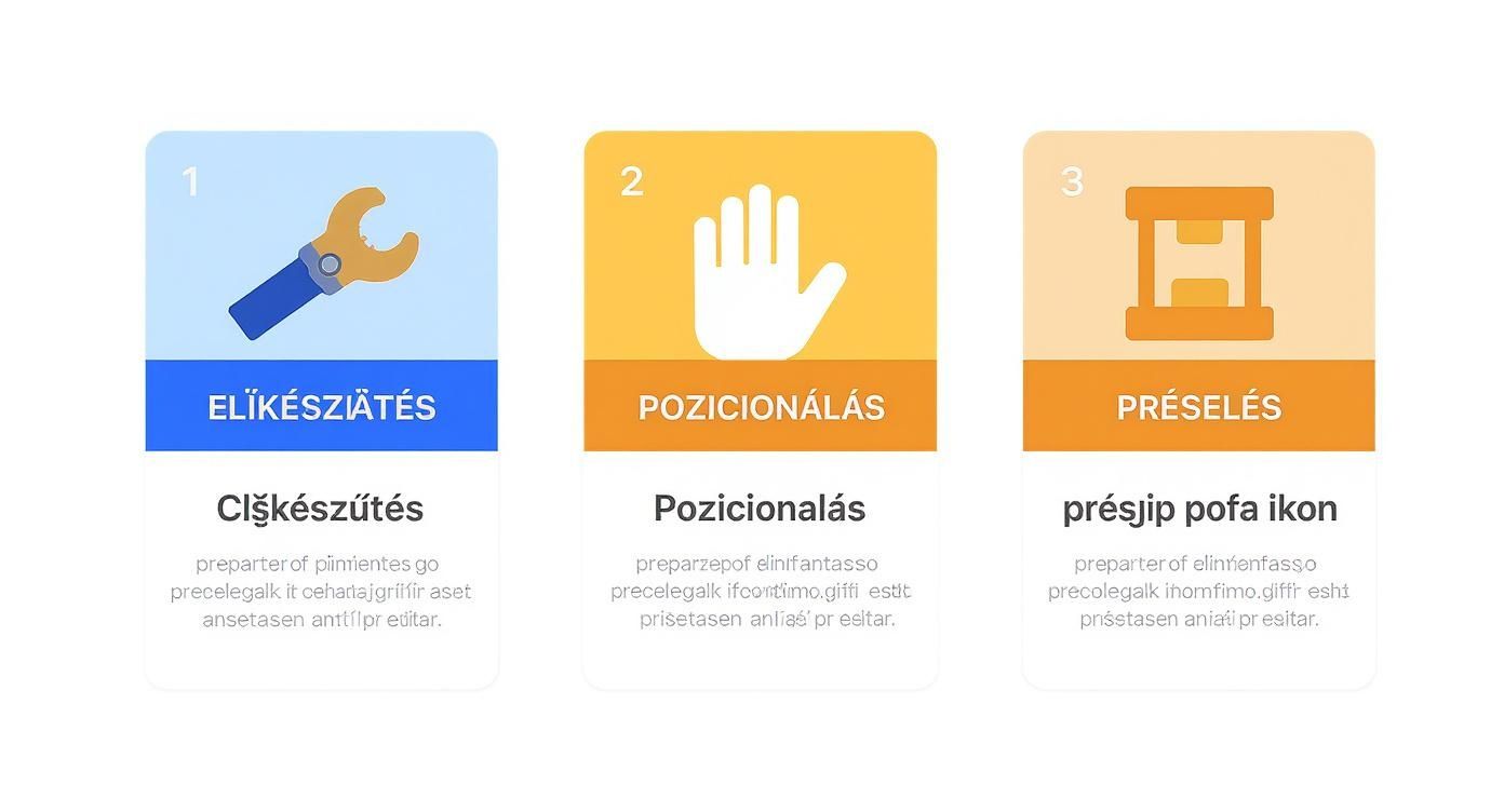 Három lépéses folyamat illusztrációja: előkészítés kulccsal, pozicionálás kézzel és préselés gép ikonnal.