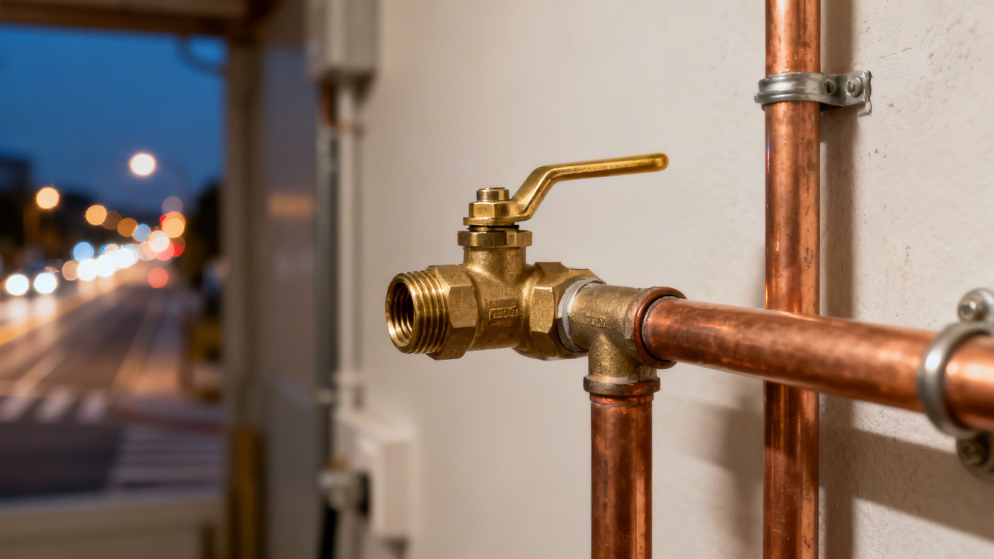 Sárgaréz golyóscsap rézcsövekkel, falra szerelve, elmosódott esti utcaképpel a háttérben.