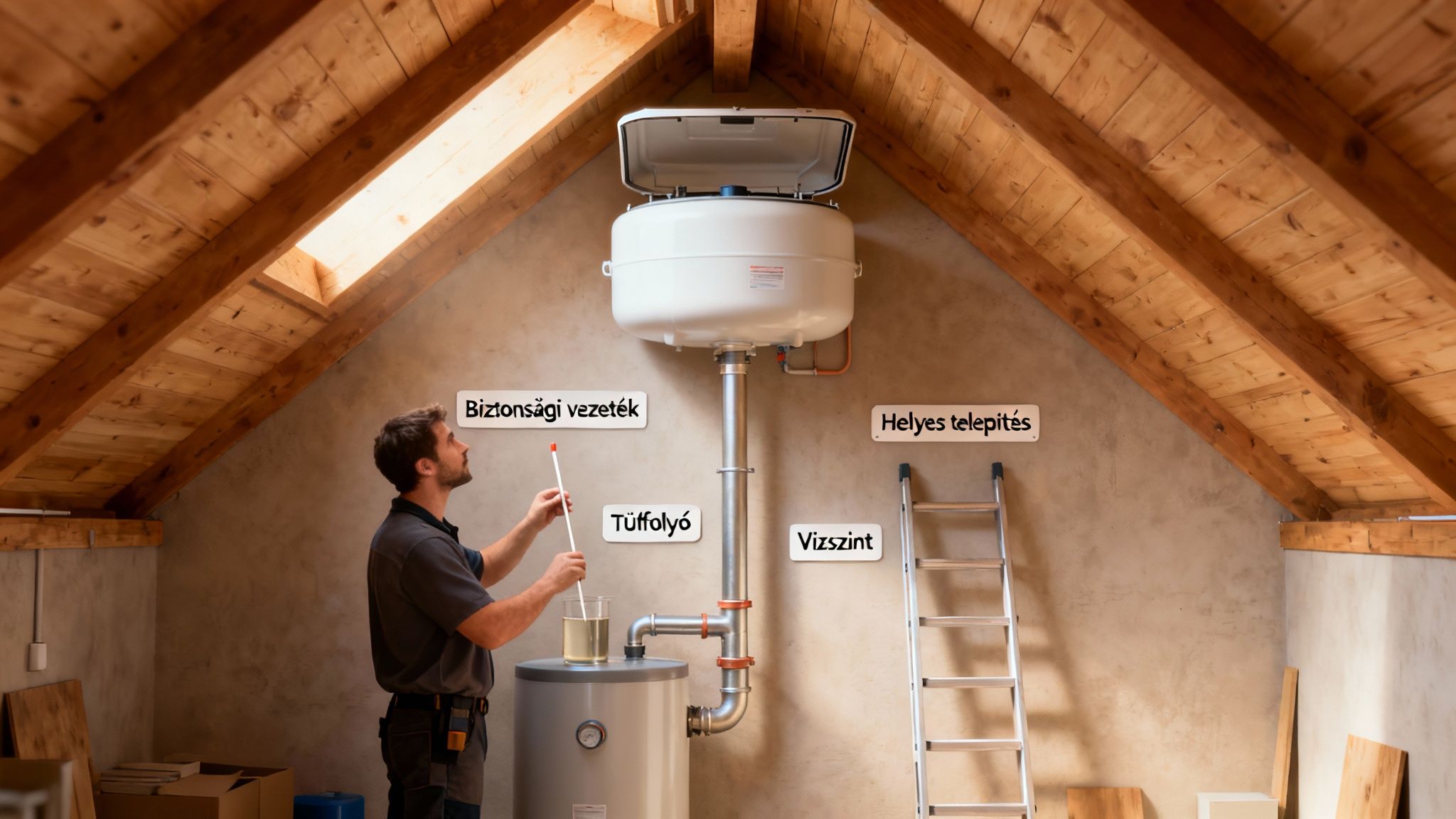 Férfi ellenőriz egy nyitott tágulási tartályos vízmelegítő rendszert egy padlástérben, a helyes telepítés és biztonság ellenőrzése céljából.
