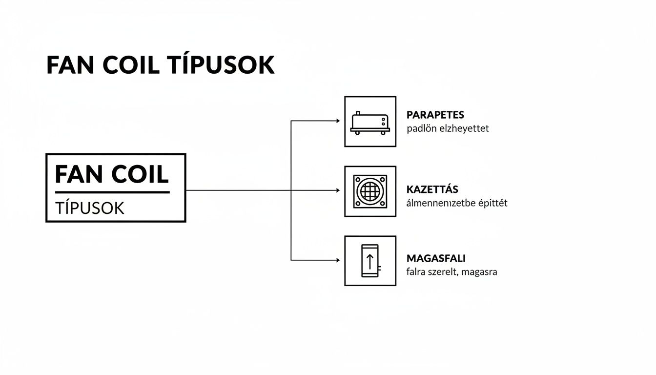 Diagram a különböző típusú fan coil rendszerekről, mint például a parapetes, kazettás és magasfali.