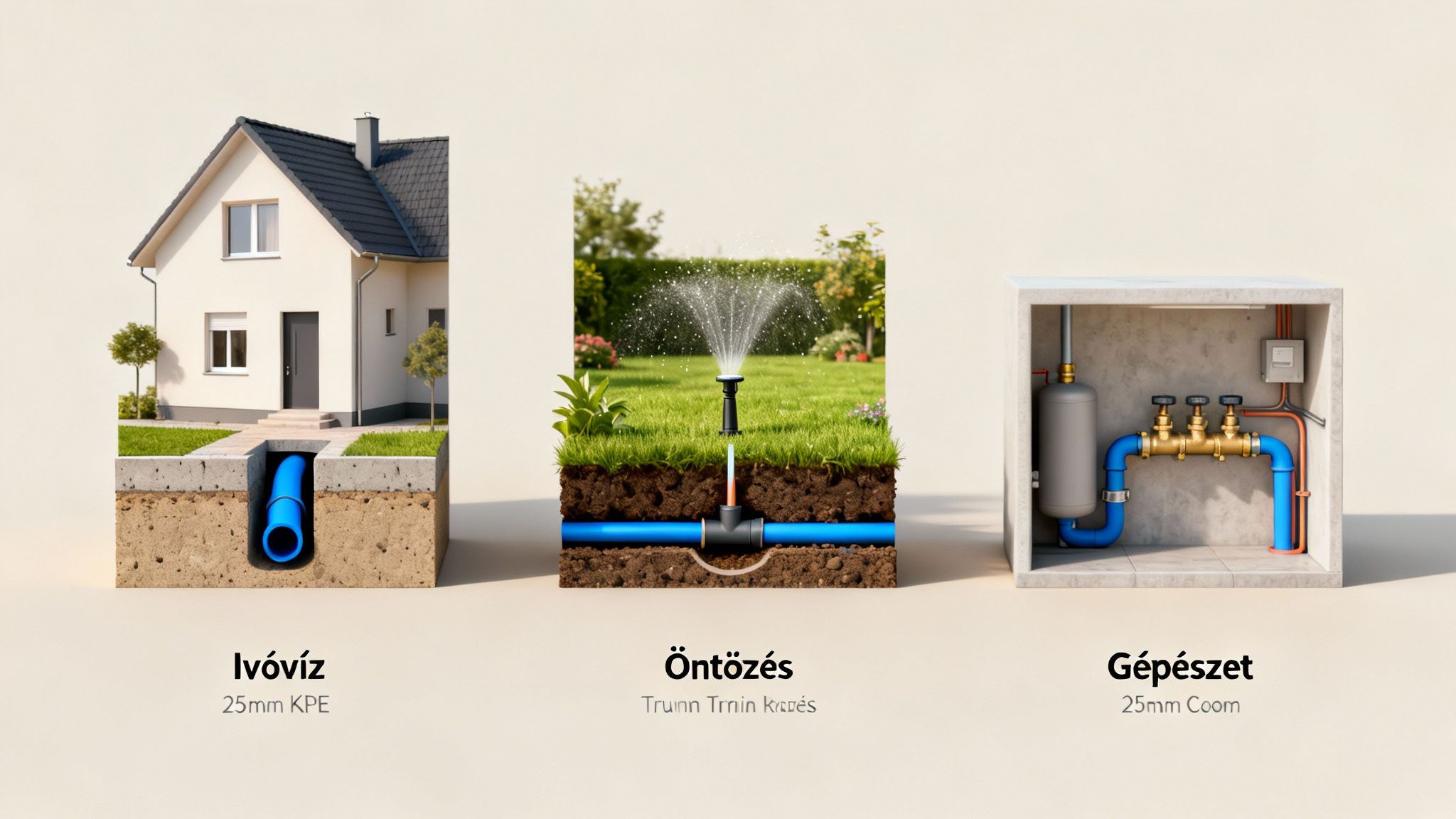 KPE cső rendszerek bemutatása otthoni vízellátáshoz, öntözéshez és gépészethez metszetekben.
