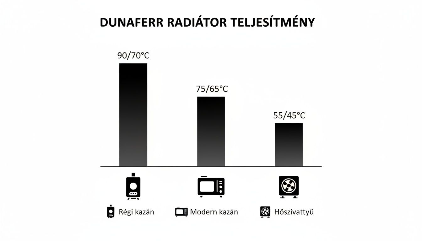 Dunaferr radiátor teljesítményét bemutató oszlopdiagram, különböző fűtési rendszerekhez tartozó hőmérsékletekkel. Régi kazán, modern kazán és hőszivattyú összehasonlítása.