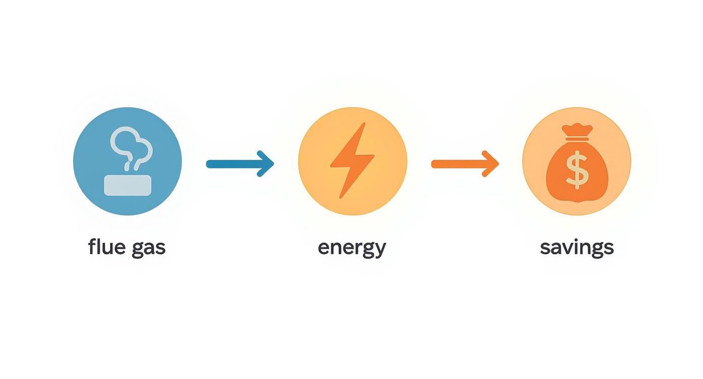 Ábra: Kéménygázból energiatermelés és megtakarítás folyamata nyilakkal és ikonokkal szemléltetve.