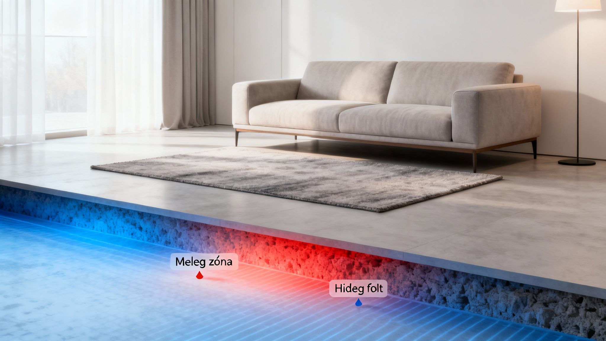 Vágott kép modern nappaliról padlófűtéssel, a meleg zóna és a hideg folt látható a padló alatt.