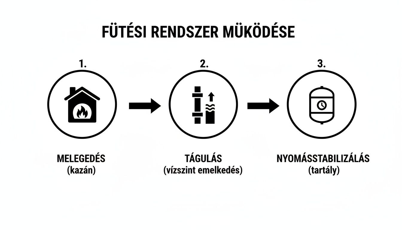 A fűtési rendszer működését bemutató diagram, a melegedéstől a nyomásstabilizálásig, kazán, tágulás és tartály ikonokkal.