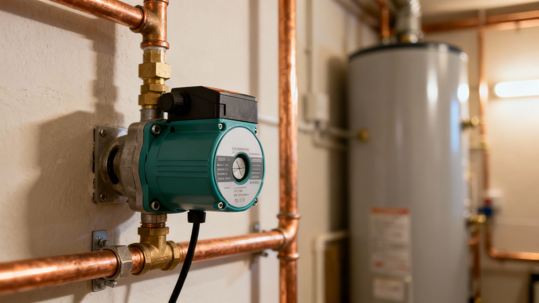 Zöld fűtés keringető szivattyú rézcsövekkel, falra szerelve, egy vízmelegítővel a háttérben.