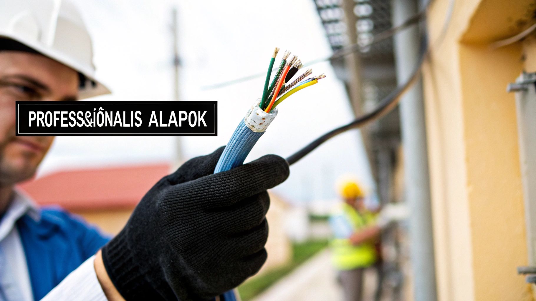 Villanyszerelő érvéghüvelyt présel egy vezetéken