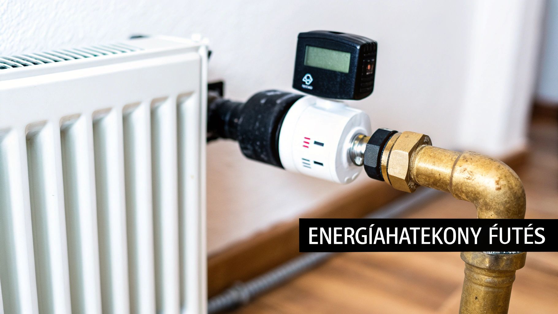 Energiahatékony fűtés termosztát szelep radiátoron csővezetékkel és digitális kijelzővel