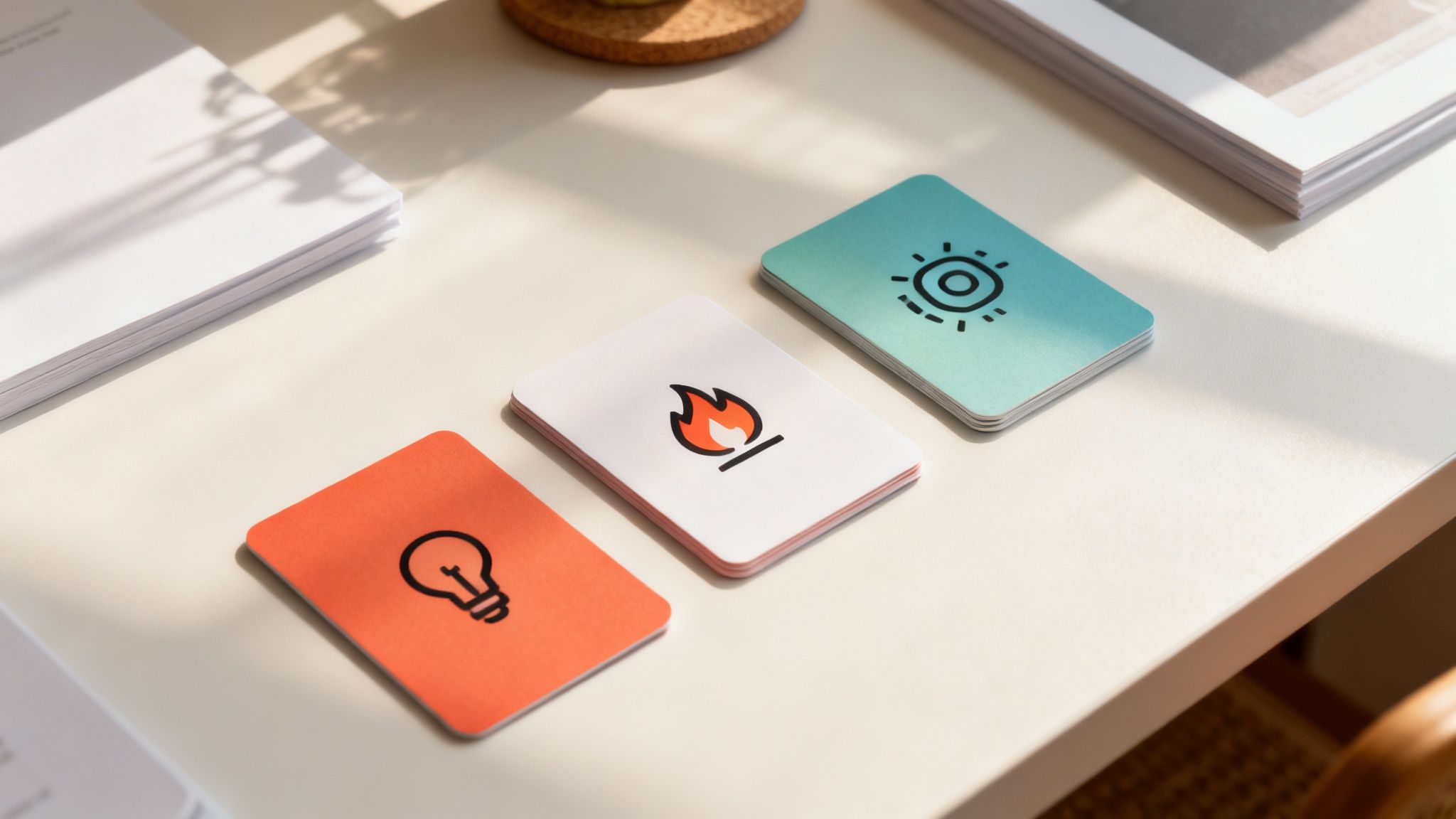 Három kártya, egy izzó, egy láng és egy szem szimbólummal, fehér asztalon, árnyékokkal.