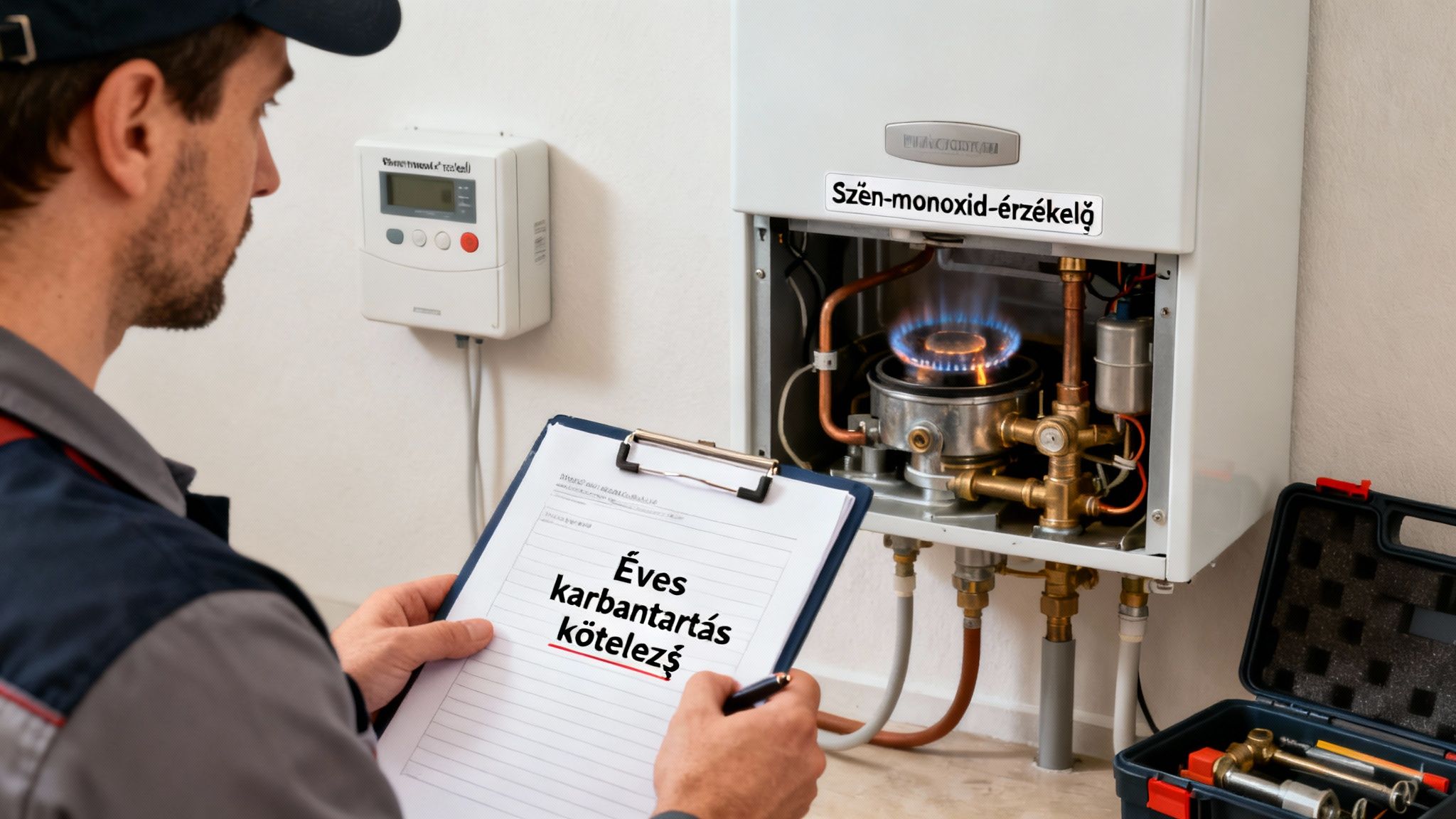 Gázbojler karbantartását végző technikus, a szén-monoxid-érzékelő és a kötelező éves ellenőrzés látható.