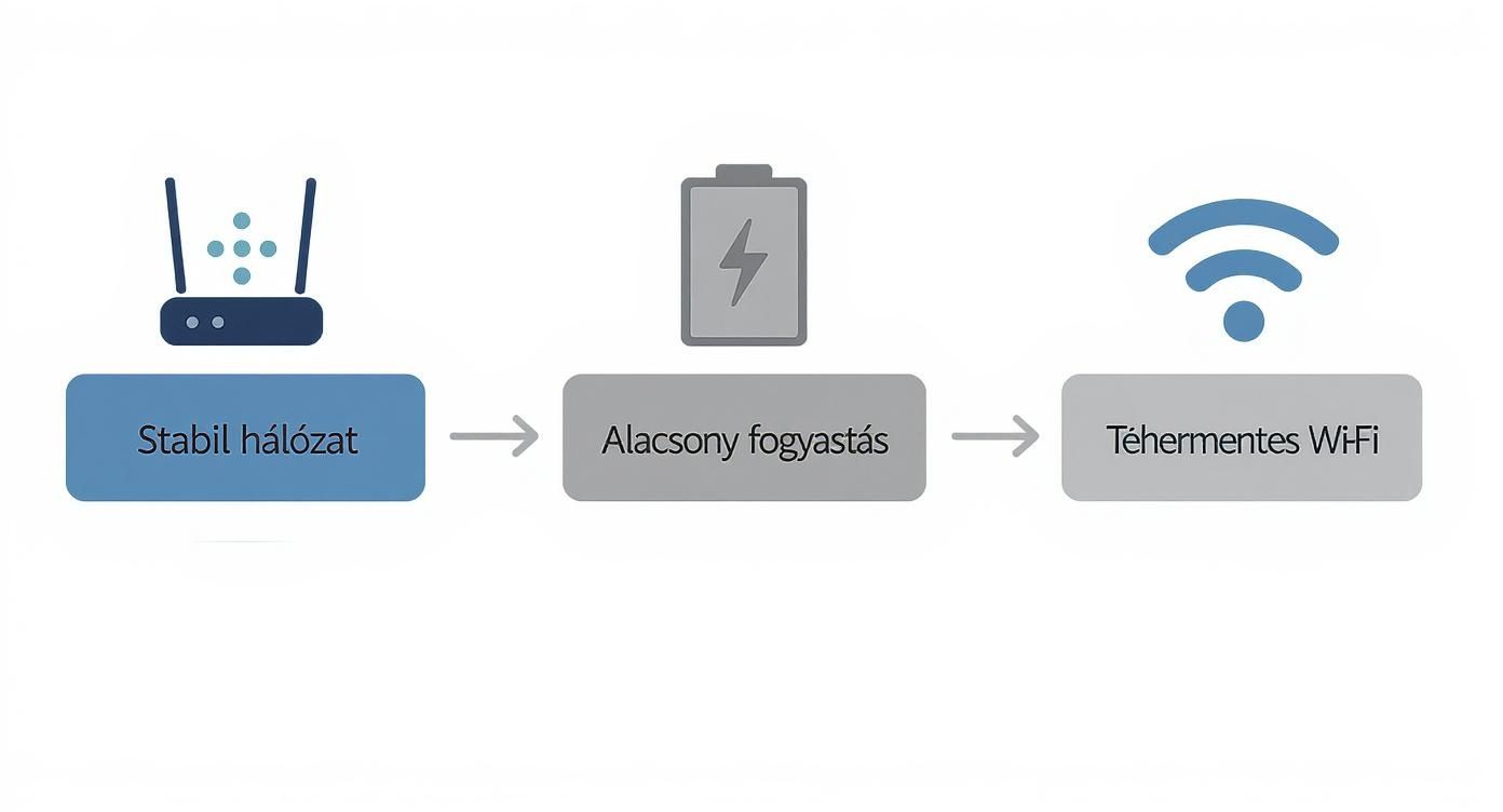 A kép a stabil hálózat, alacsony fogyasztás és térmentes Wi-Fi kapcsolatát ábrázolja router, akkumulátor és Wi-Fi ikonokkal.