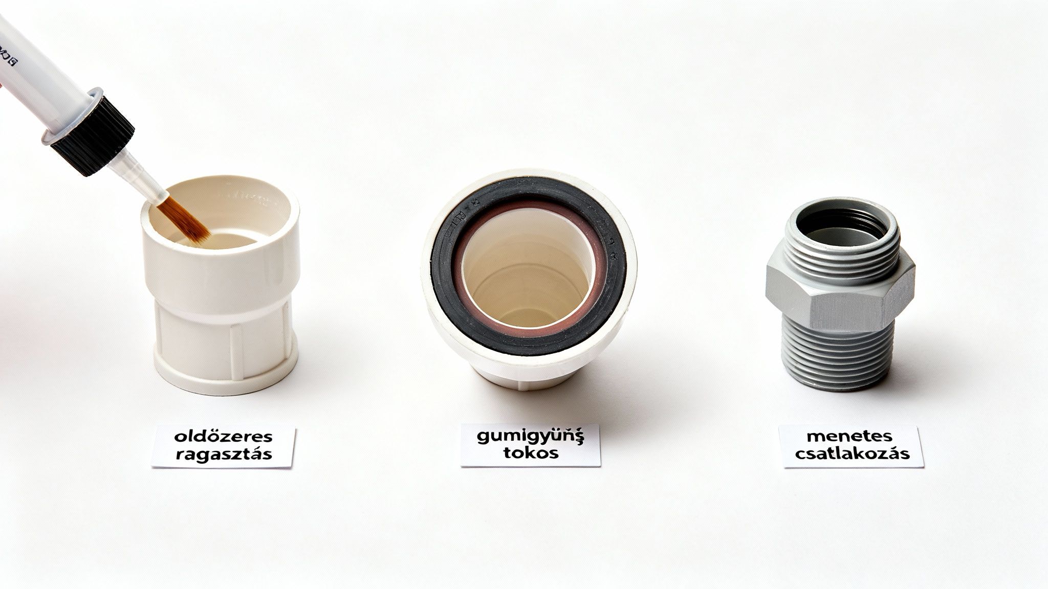 Három különböző PVC cső csatlakozási mód látható: oldószeres ragasztás, gumigyűrűs tokos és menetes csatlakozás.