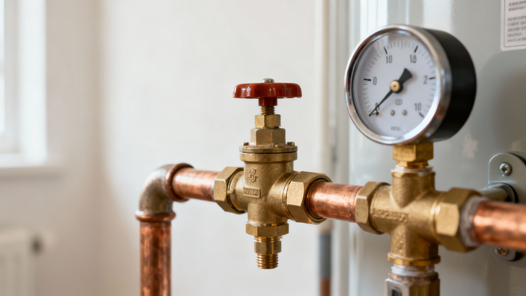 Közeli felvétel rézcsövekről, sárgaréz szelepről és egy nyomásmérő órájáról egy kazánon.