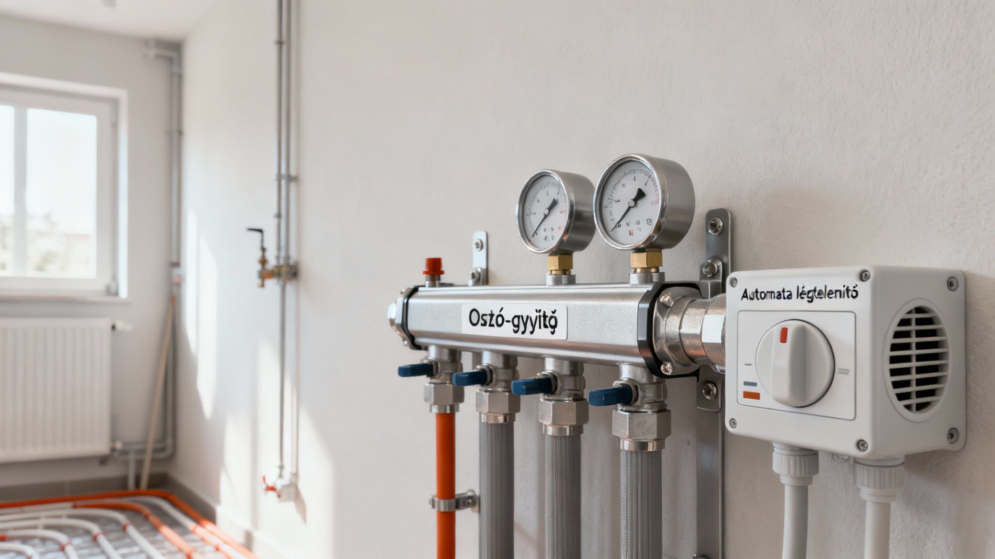 Fűtési rendszer elosztója nyomásmérőkkel és automata légtelenítővel, padlófűtés csövekkel új épületben.