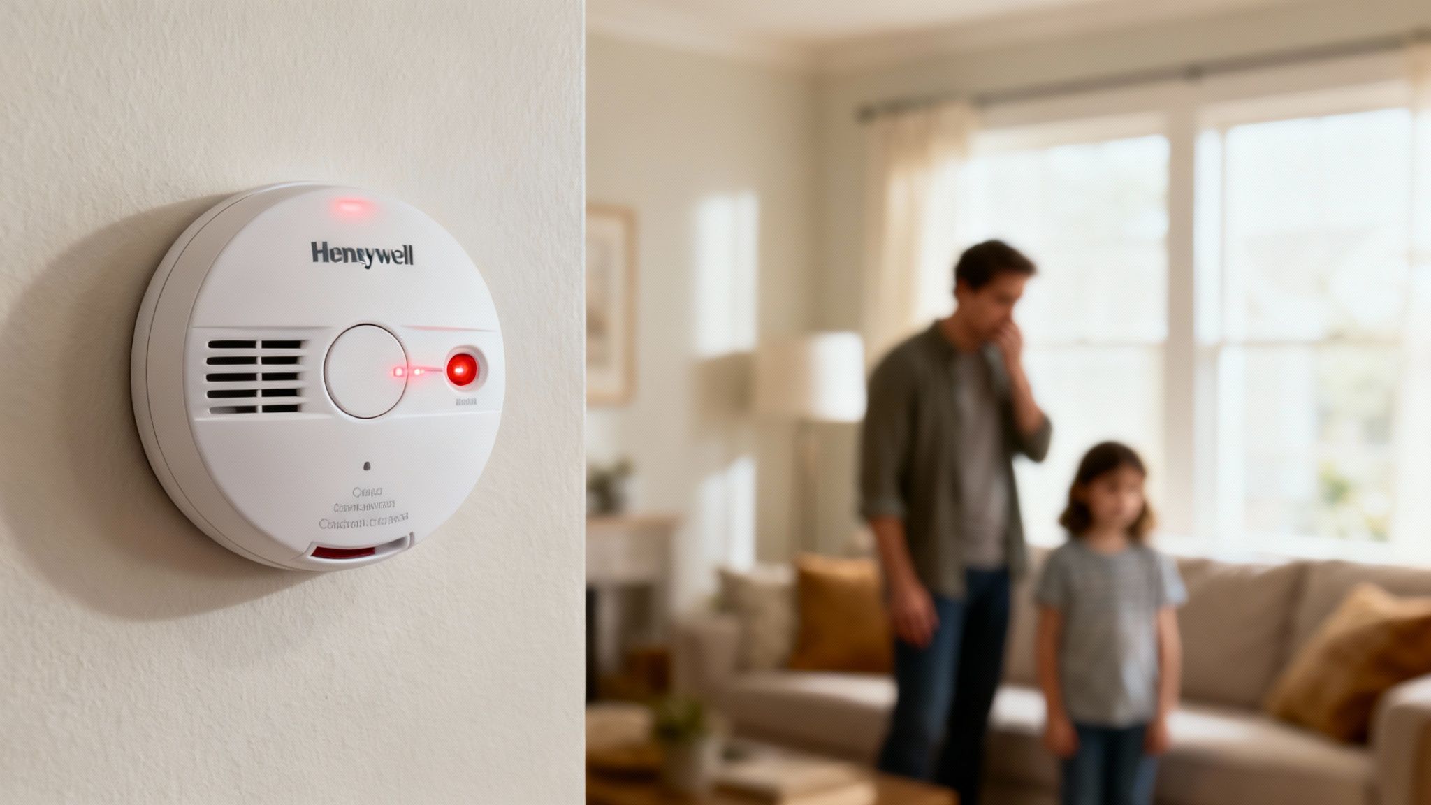 Fehér Honeywell szén-monoxid érzékelő villogó piros fénnyel a falon, figyelmeztetve egy apát és gyermekét a nappaliban.