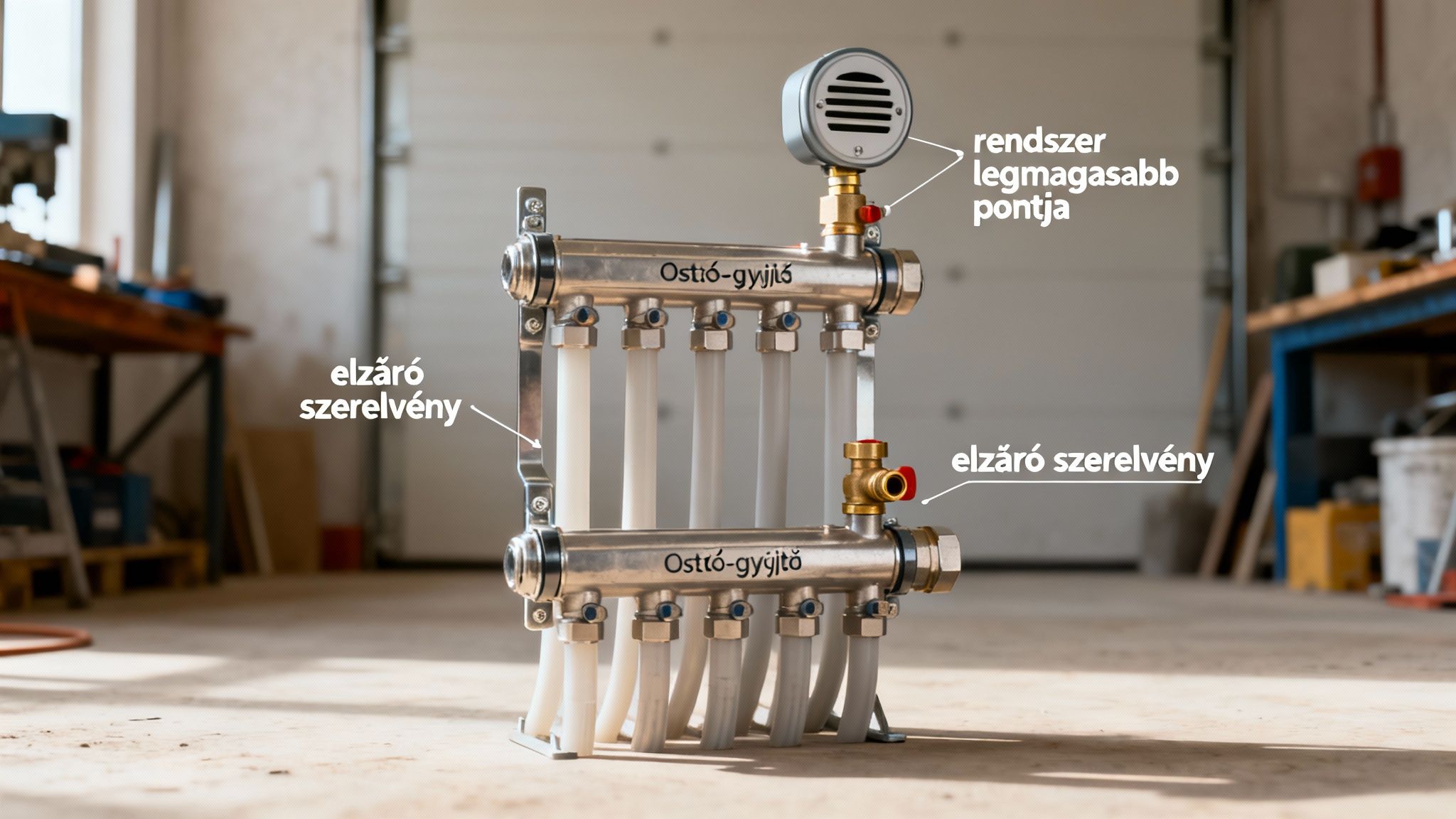 Fűtési osztó-gyűjtő csövekkel, elzáró szerelvényekkel és automata légtelenítővel a rendszer tetején.
