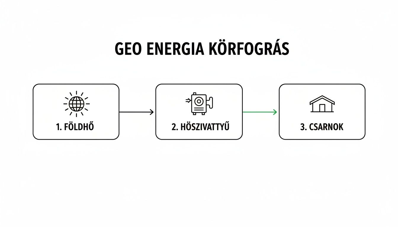 Egyszerűsített diagram a geotermikus energia körforgásáról: földhőből hőszivattyúval csarnok fűtésére és hűtésére.