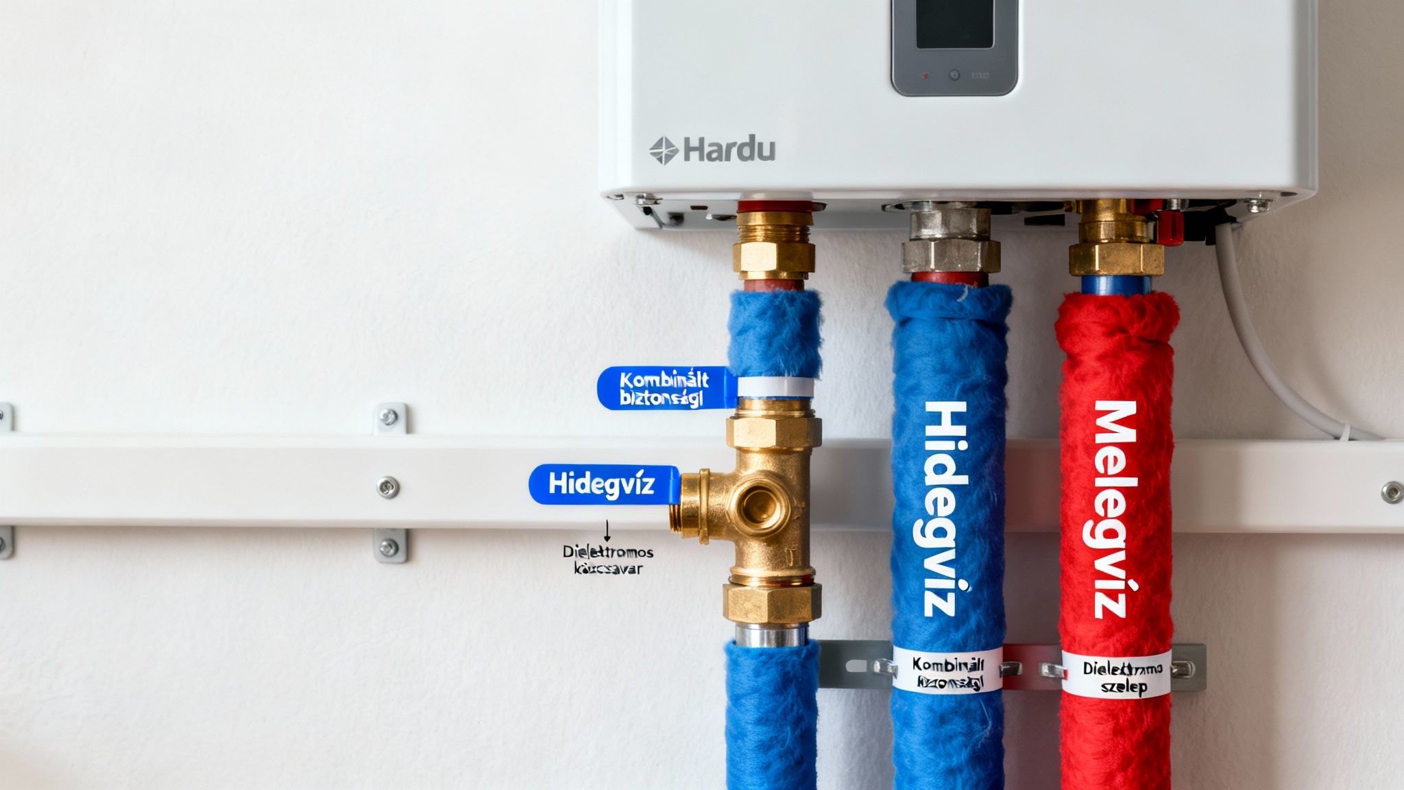 Hardu vízmelegítő bekötése kék hidegvíz és piros melegvíz csövekkel, biztonsági és dielektromos szerelvényekkel.