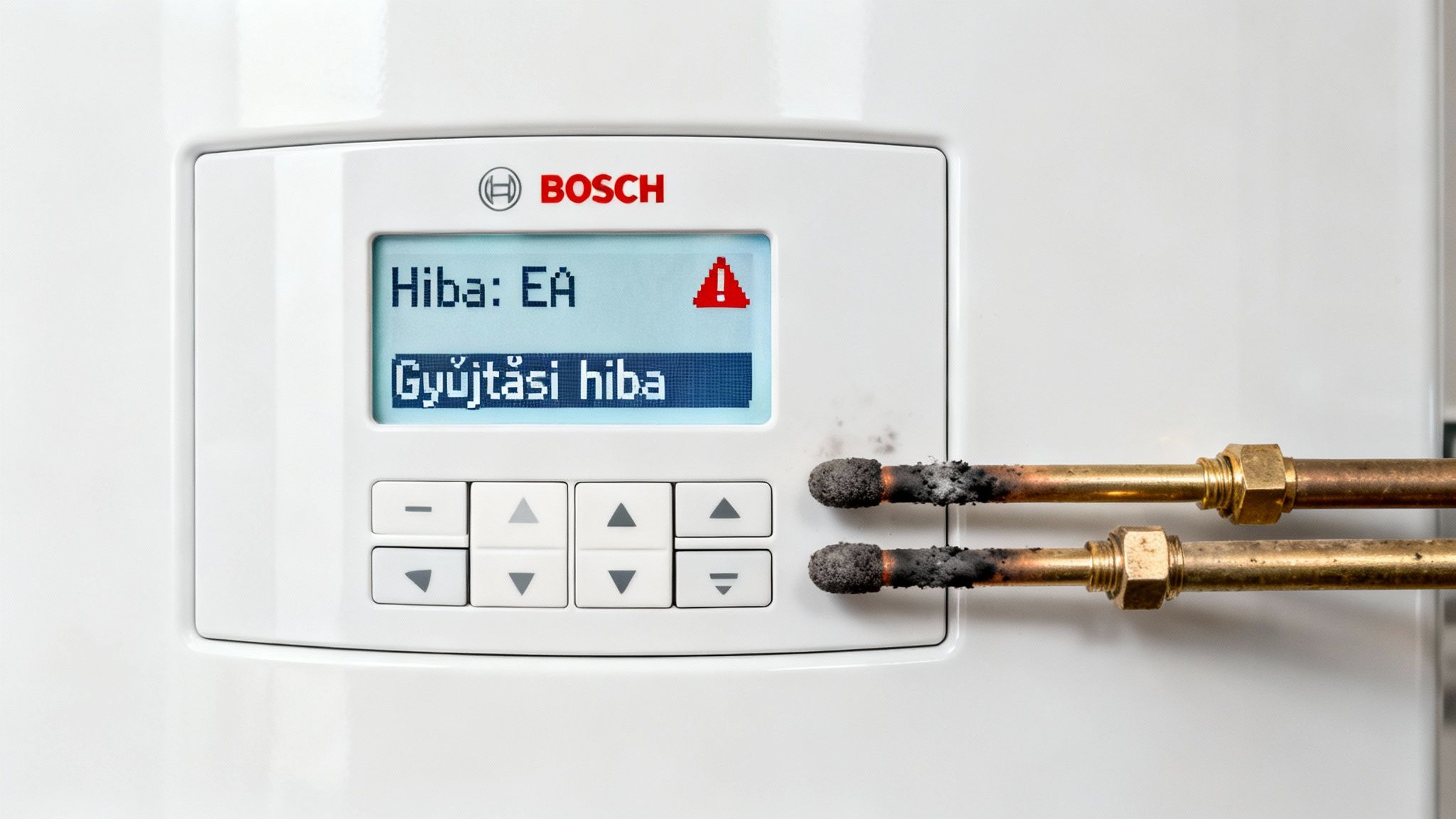 Bosch kondenzációs kazán kijelzője 'Hiba: EA, Gyújtási hiba' üzenettel és kormos égőcsövekkel.