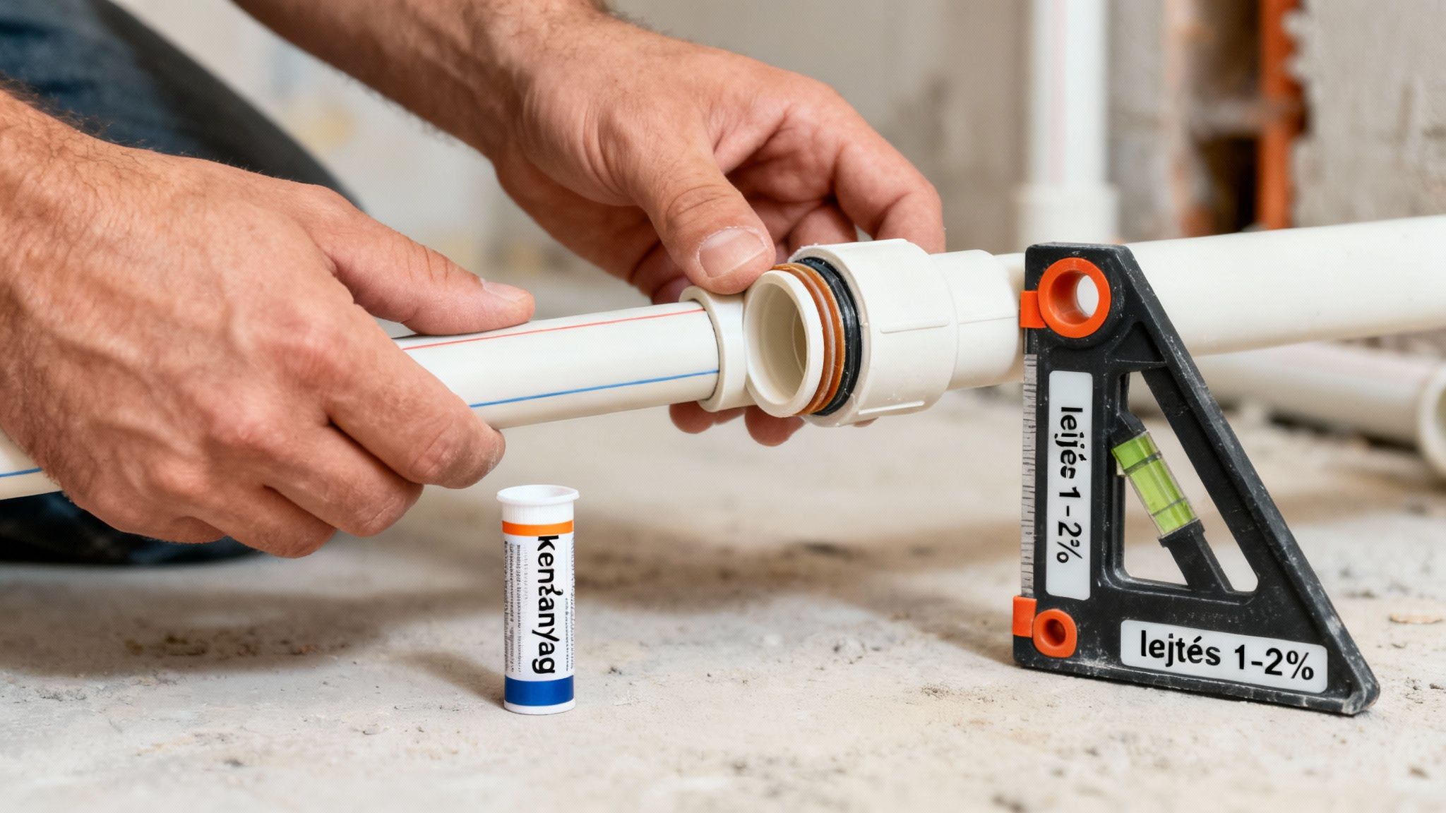 Szakember PVC csöveket illeszt össze kézzel, a vízmértékkel ellenőrizve a lejtést. Kenőanyag segít a szerelésben.