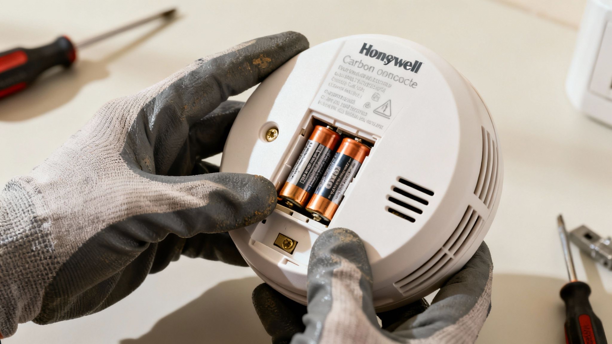 Kesztűs kezek elemeket cserélnek egy fehér Honeywell szén-monoxid érzékelőben, melynek elemtartója nyitva van.