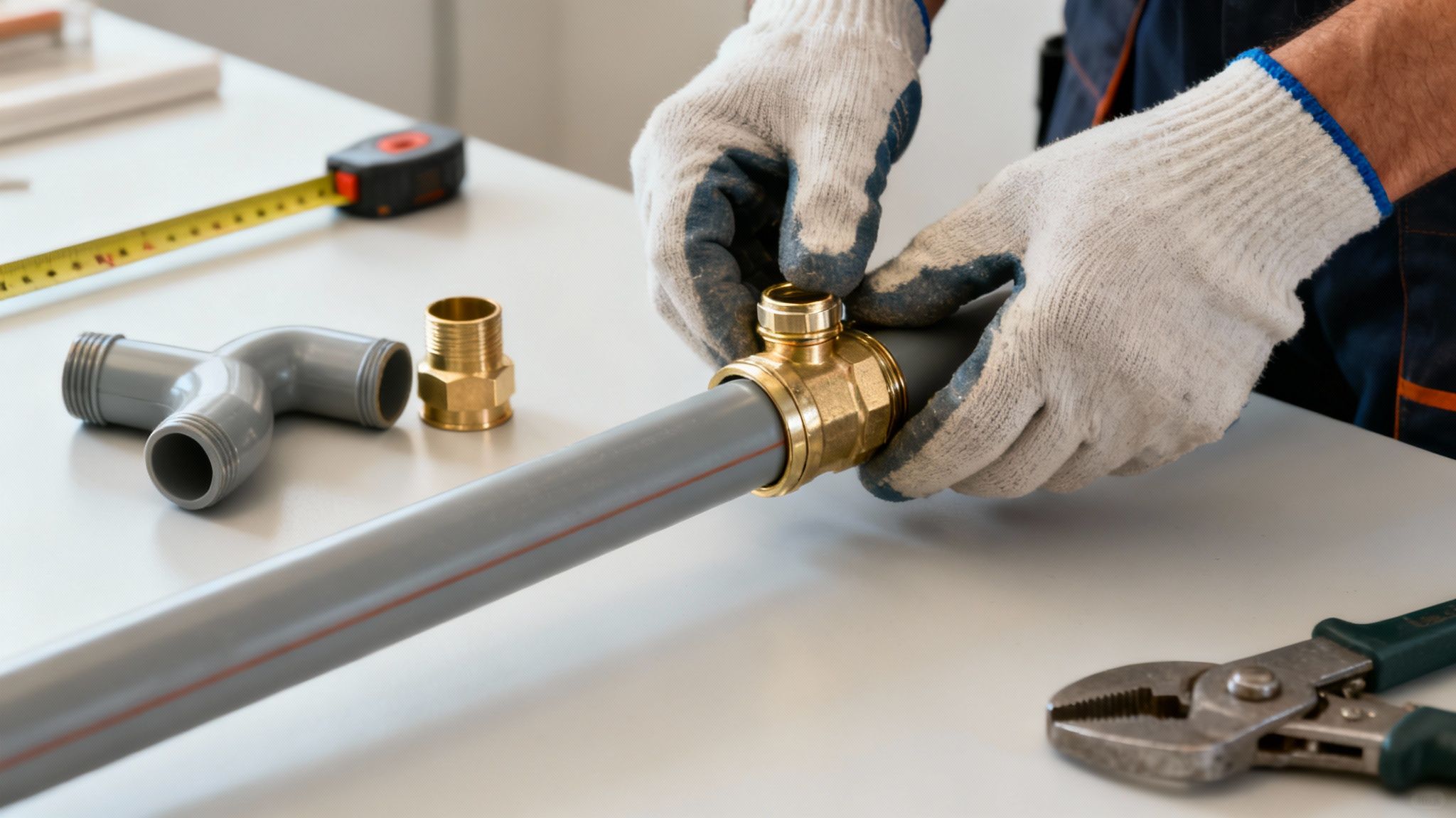 Szerelő kesztyűben vízvezeték csövet és réz fittinget szerel össze egy fehér asztalon szerszámokkal.